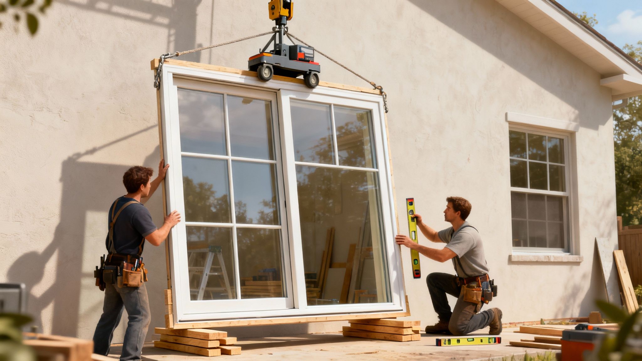 To bygningsarbejdere monterer et stort vindue i et hus med hjælp fra en robot.