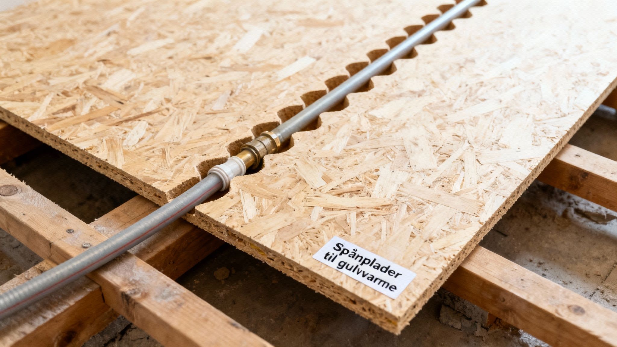 Spånplader med udskæringer til gulvvarmesystem, klar til installation på trælægter.