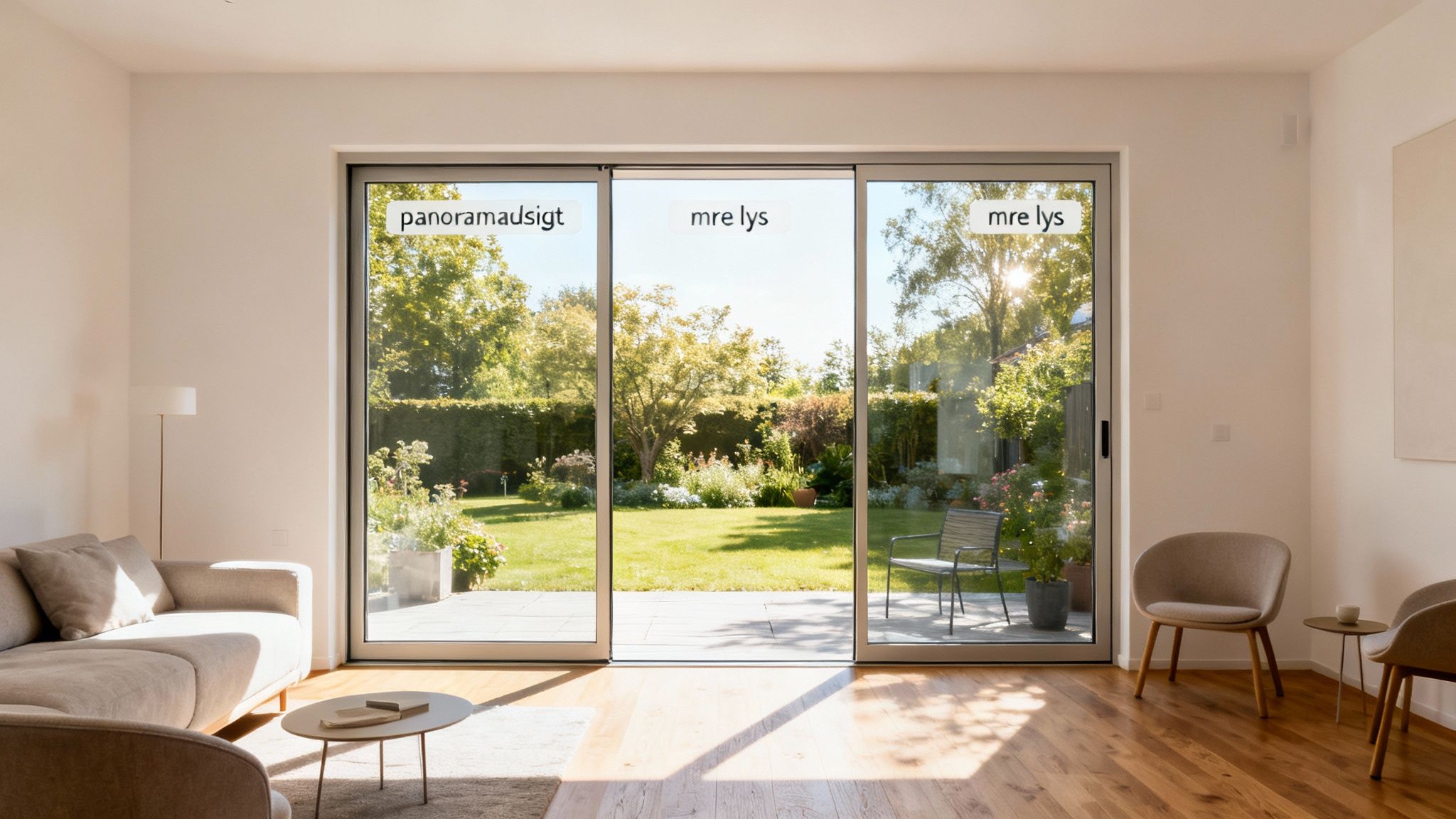 Et moderne hjem med store skydedøre, der åbner op til en grøn have. Stuen har komfortable møbler og masser af naturligt lys.