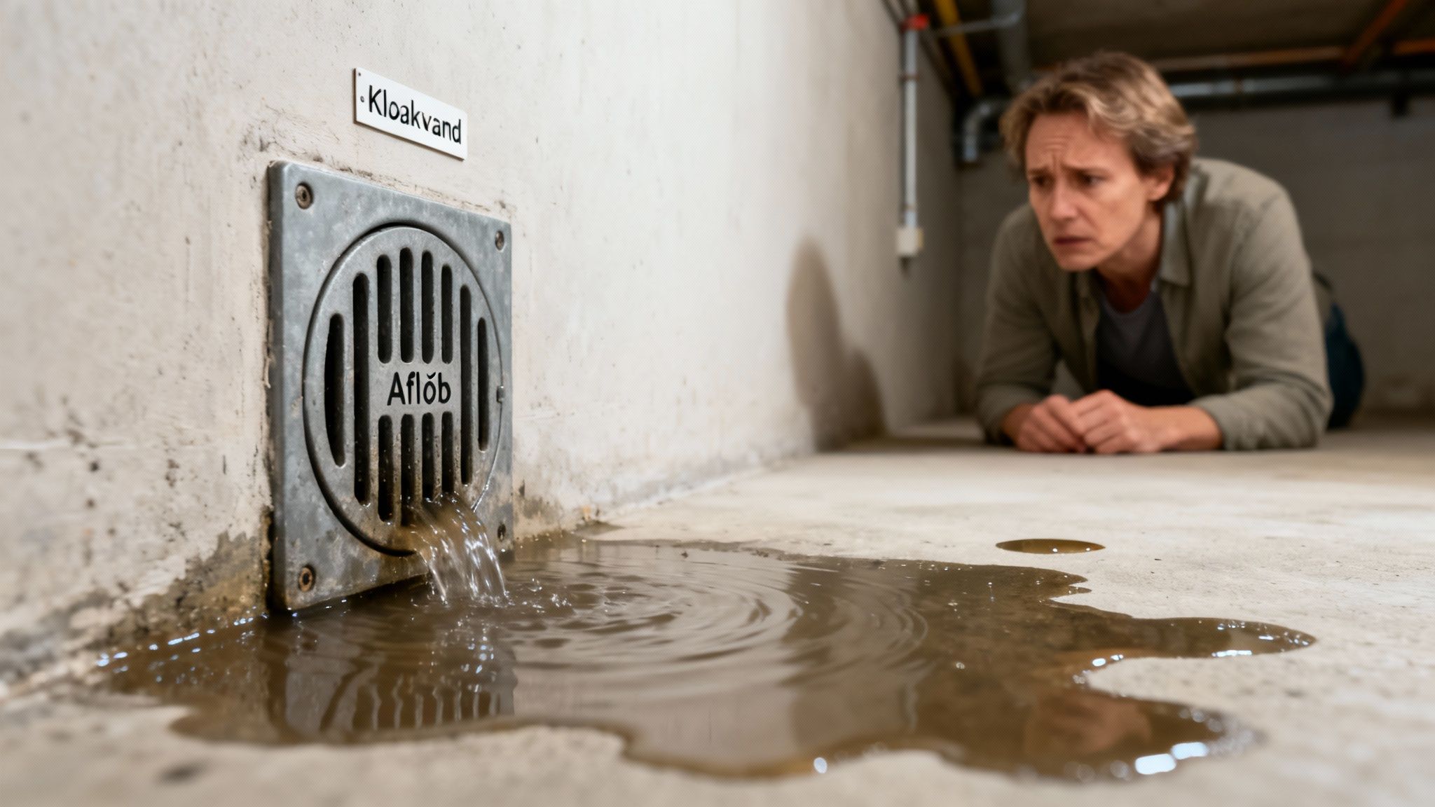 En mand ligger på gulvet og ser bekymret på spildevand, der løber ud fra et kælderafløb.