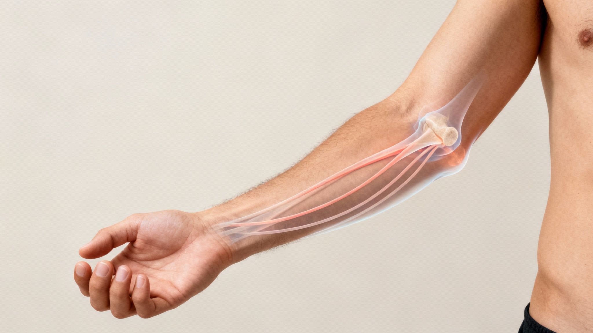 Anatomisk billede af en mands arm, der viser albueleddet og underarmens strukturer.