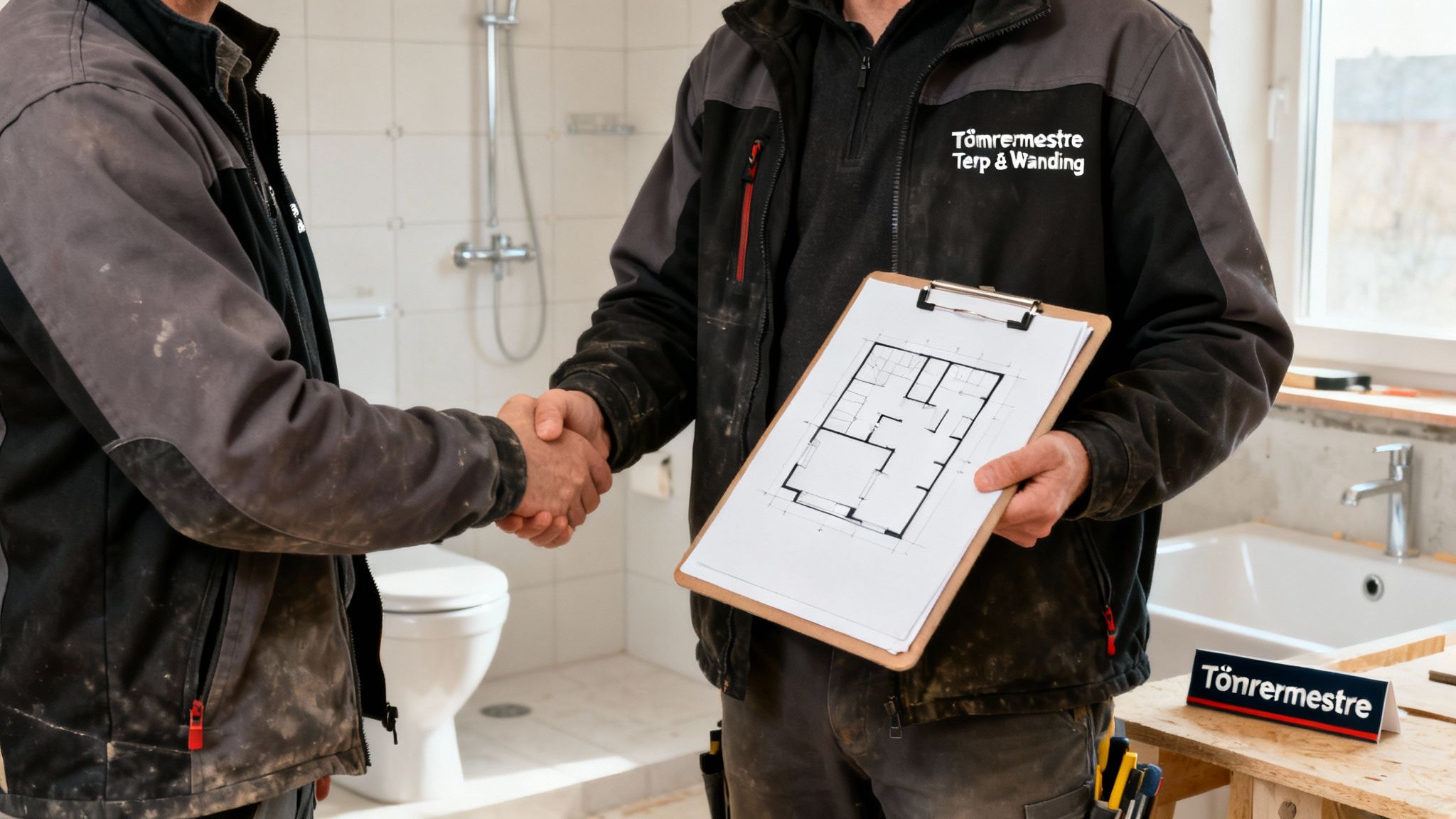 Håndværkere giver hånd i et badeværelse under renovering, en holder en byggeplan.