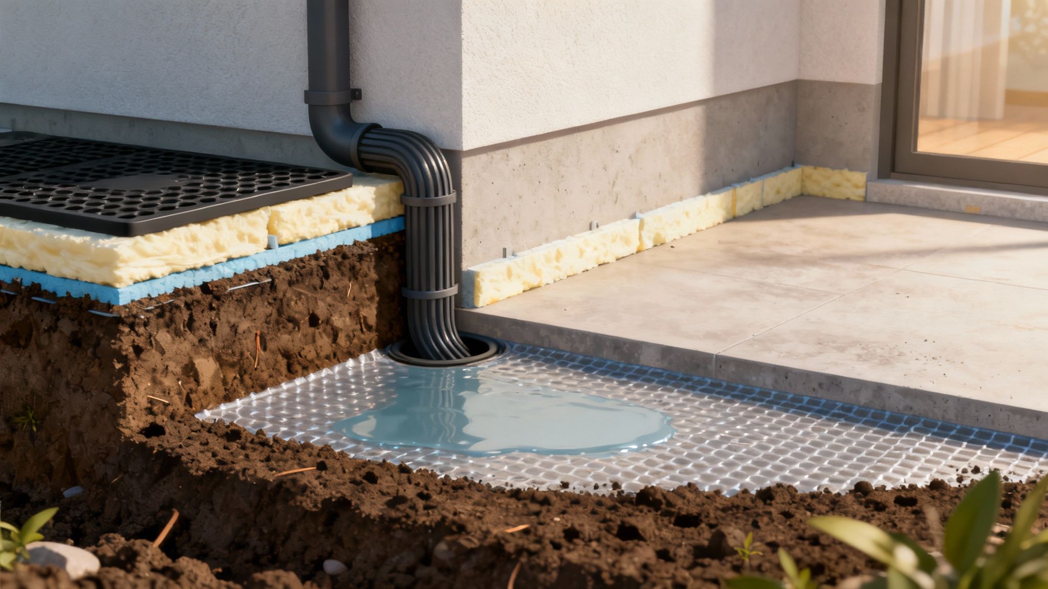 En kældervæg der bliver isoleret og fugtsikret udefra med drænplader