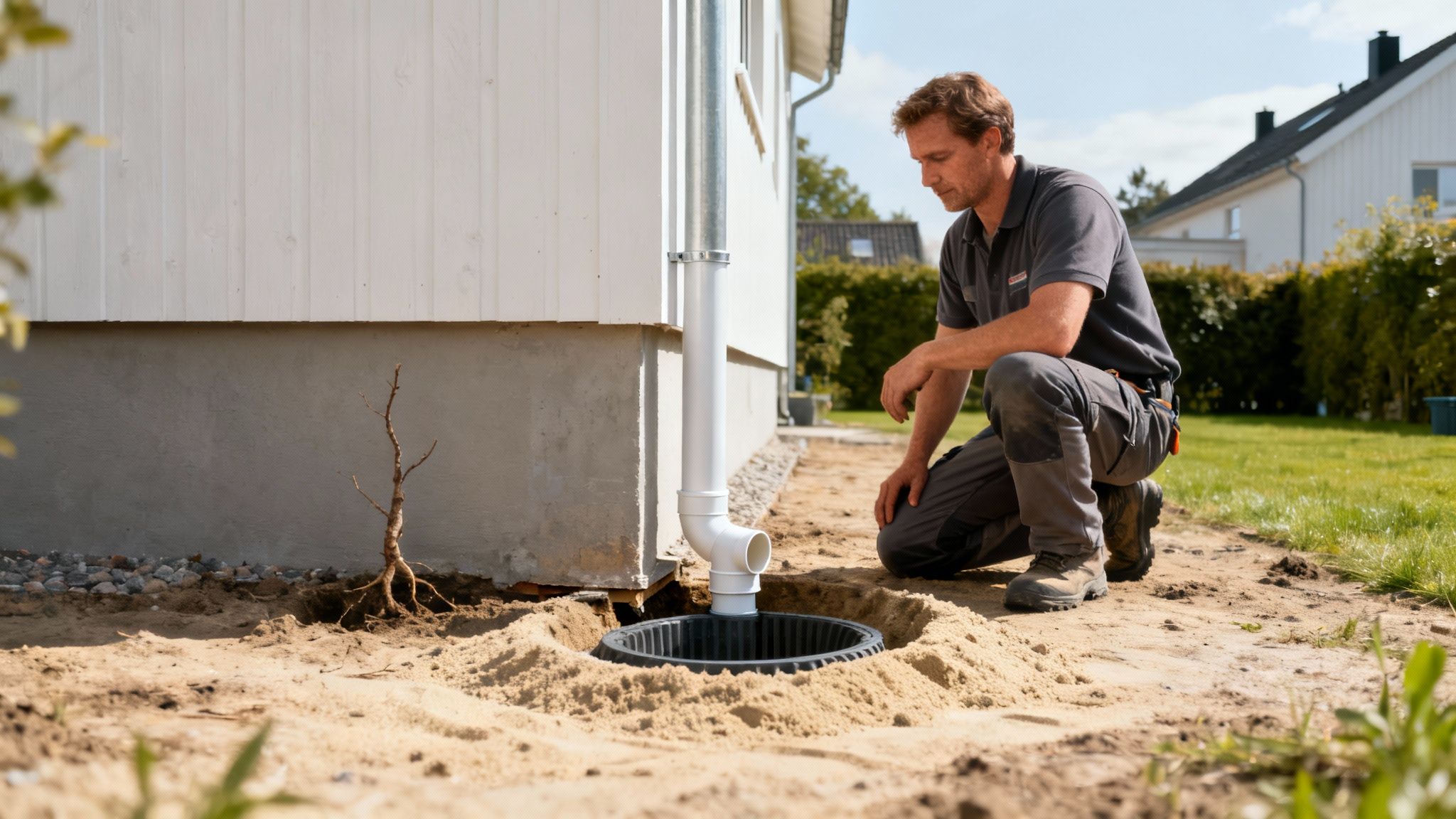 Arbejde med kloakrør på en privat grund