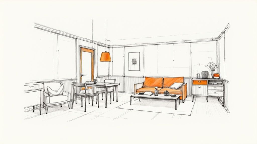 En detaljeret skitse af et åbent stue- og spiseområde med orange møbler og moderne indretning.