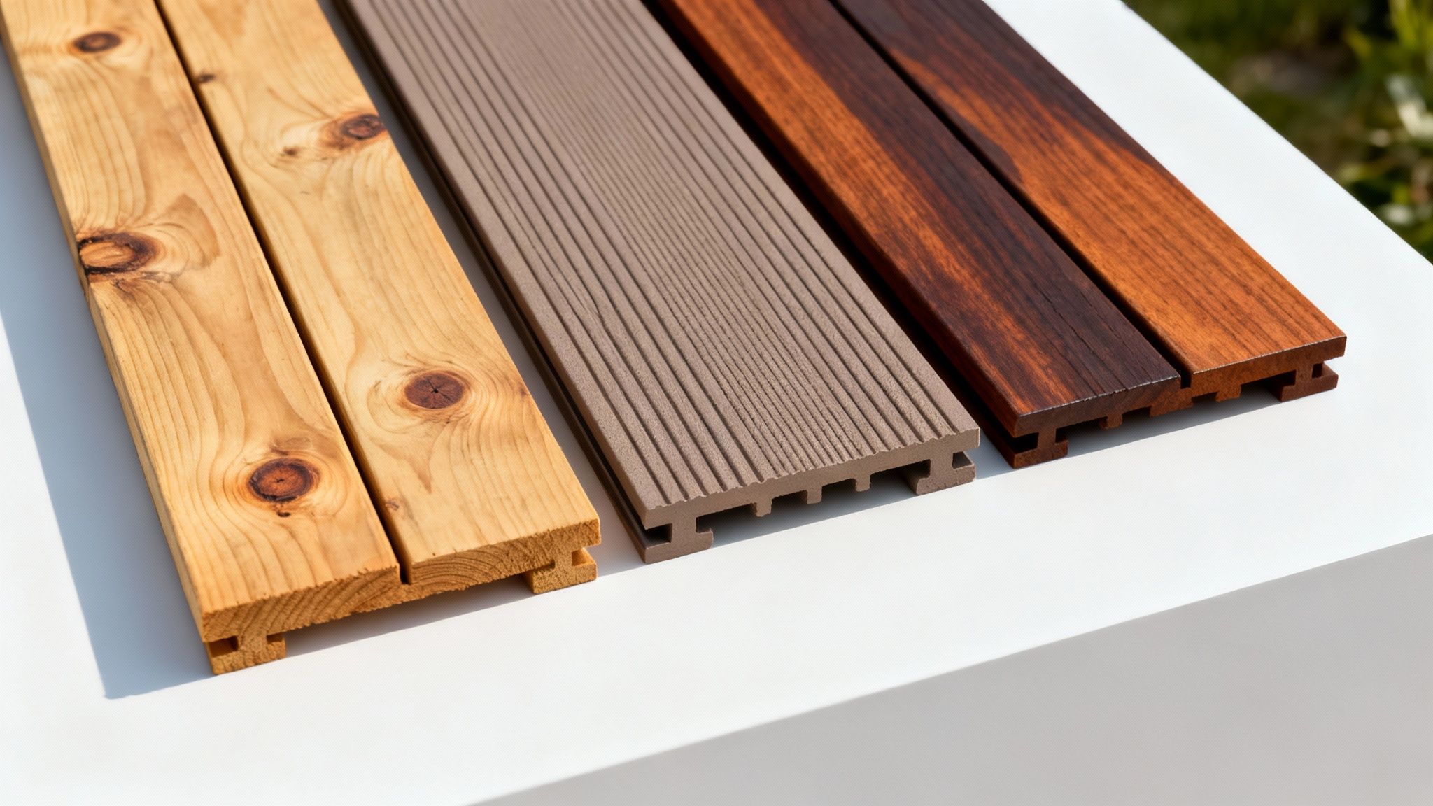 Forskellige terrassebrædder: lyse træbrædder, grå kompositbrædder og mørke træbrædder, præsenteret på en hvid overflade.