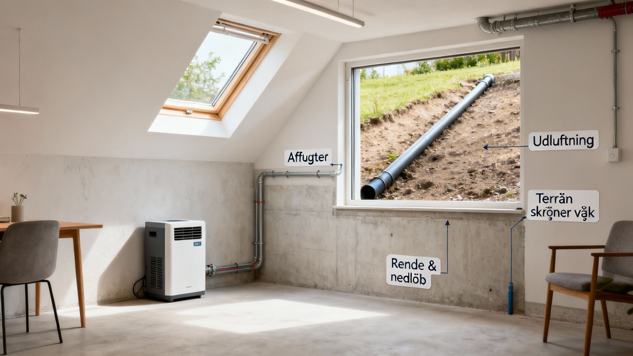 Indendørs visning af kælder eller loftrum med affugter, rør og udluftning, der viser fugtsikringsløsninger.