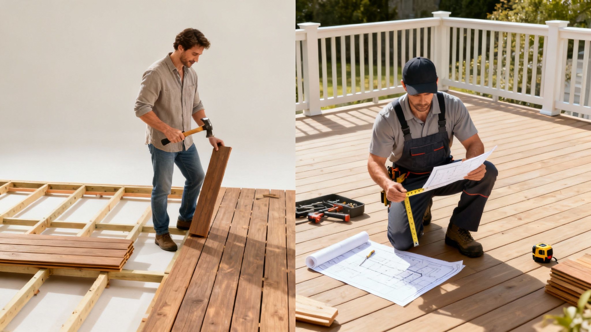 En tømrer i gang med at montere bræder på en ny træterrasse.