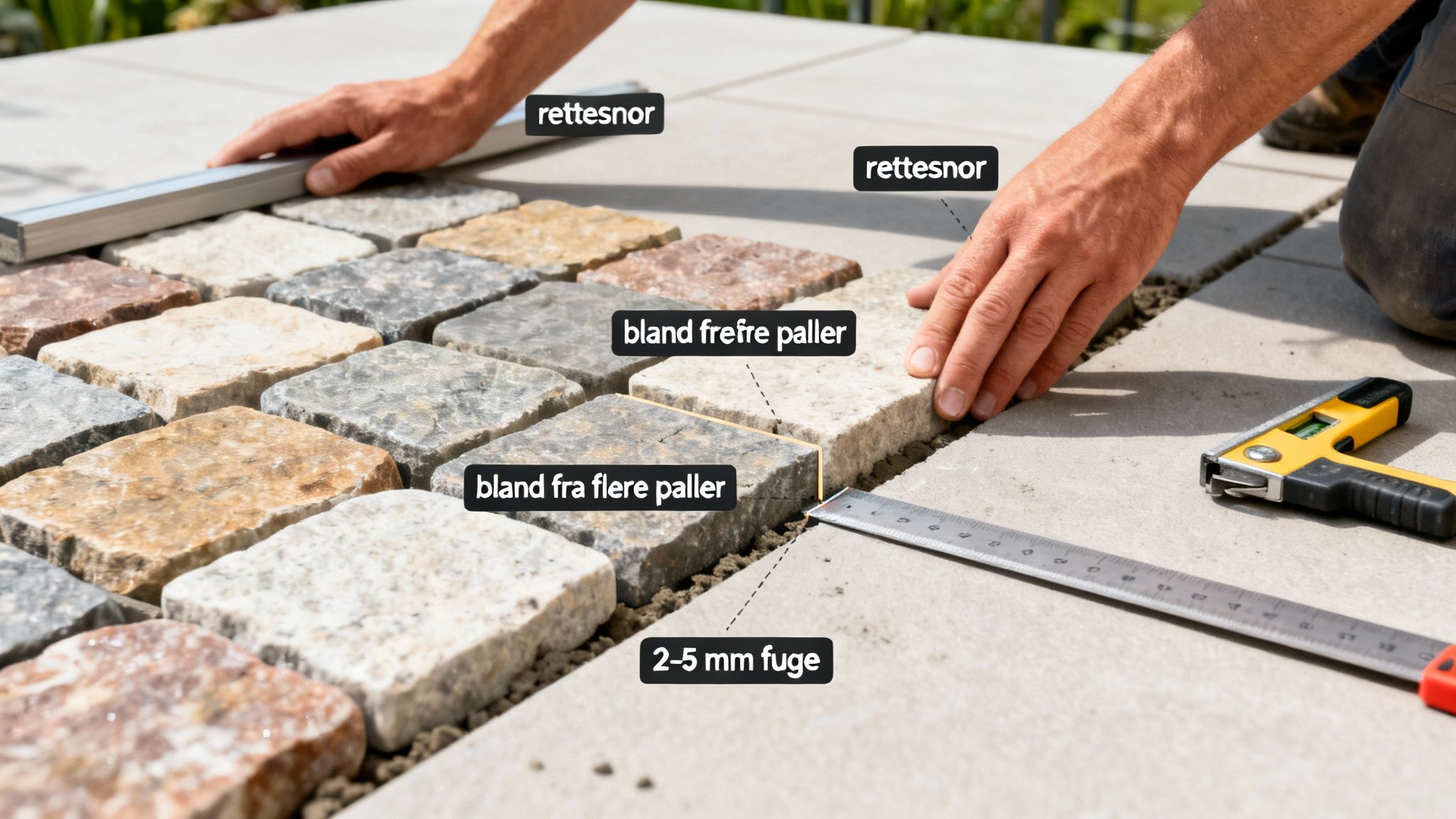 En person lægger farverige herregårdssten med rettesnor og måler fugebredden, for at sikre et flot resultat.