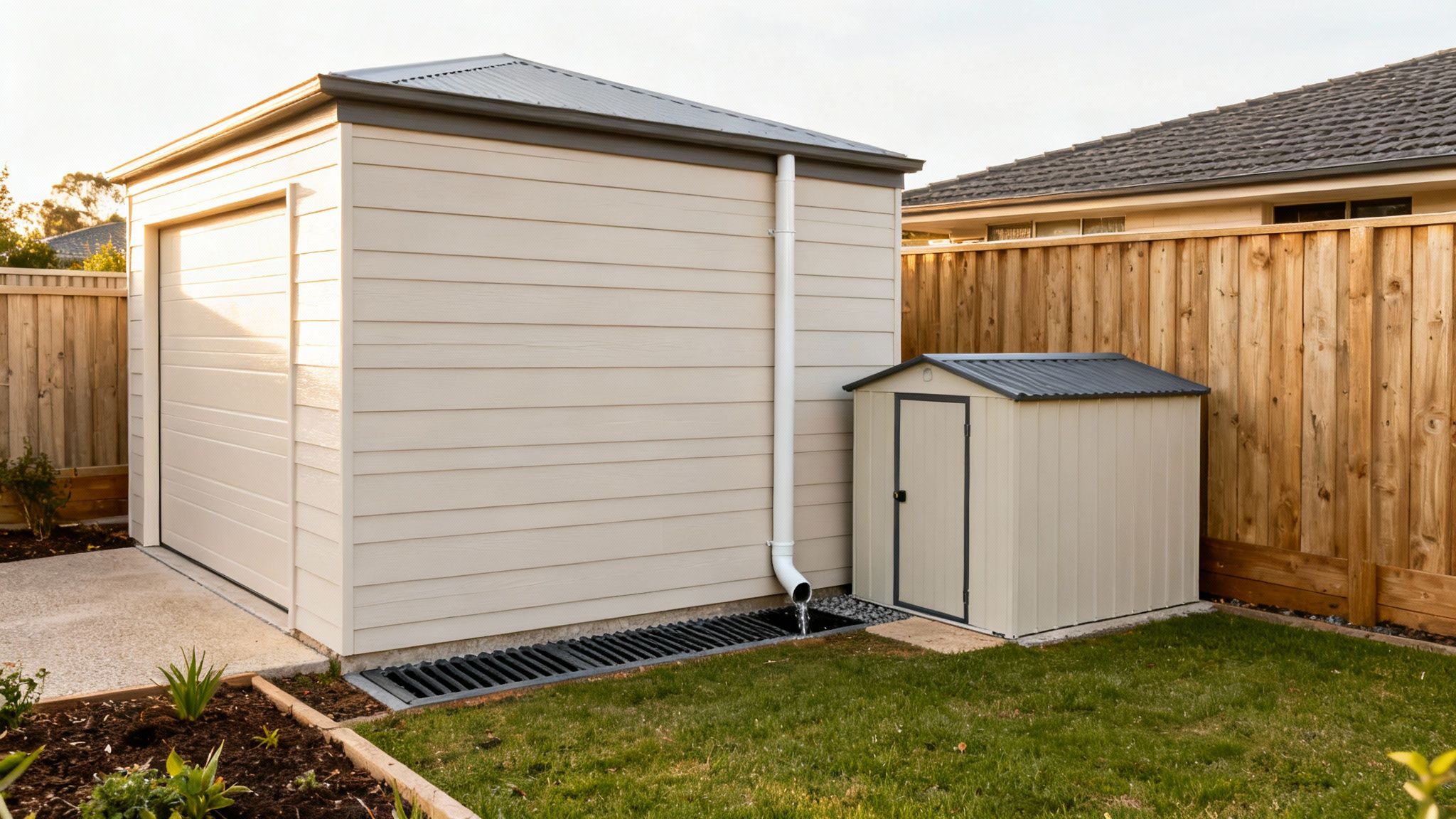 Et moderne garage- og redskabsskur med tagrender og dræn i en velholdt baghave med træhegn.