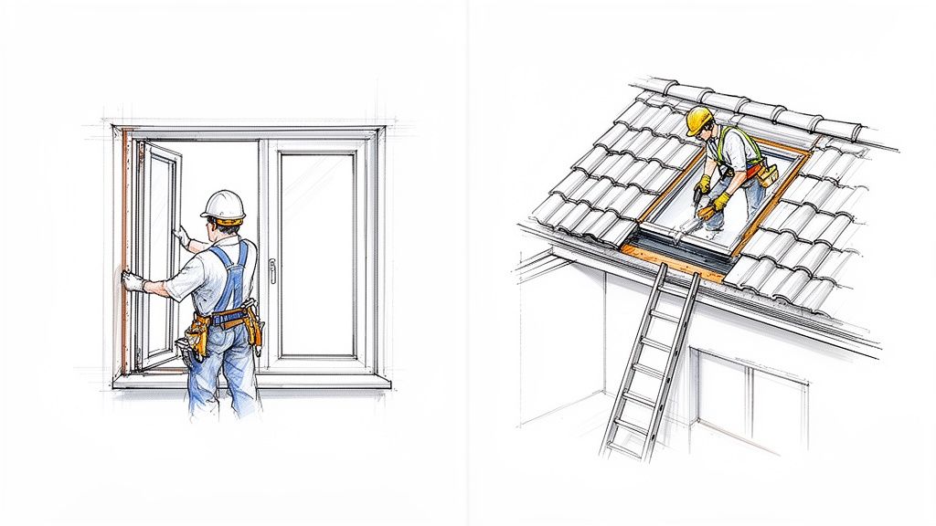 En arbejder monterer et vindue, og en anden installerer et Velux ovenlysvindue på et tag.