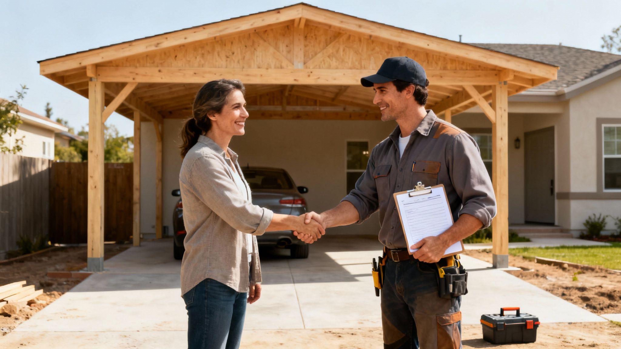Kvinde og byggearbejder giver hånd foran en nybygget træcarport ved et hus.