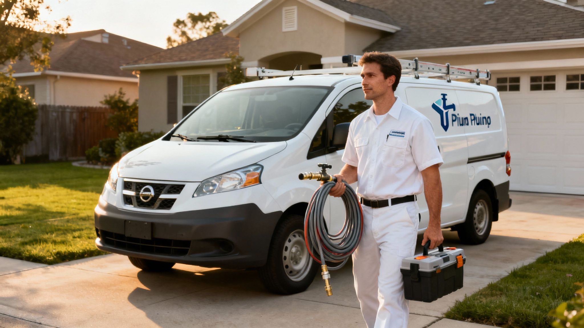 Professionel VVS-mand med værktøj og slange foran hvid varevogn ved bolig