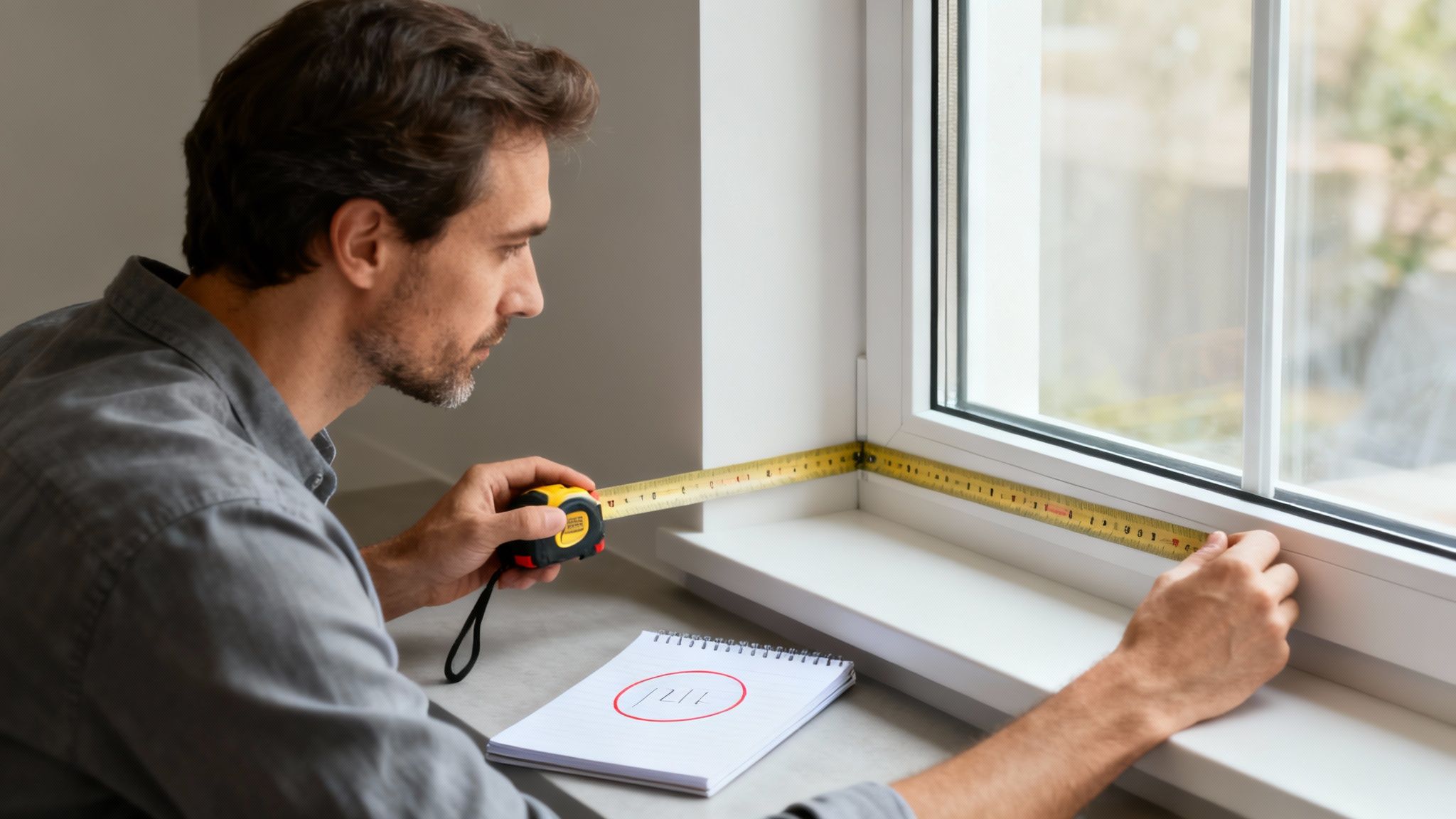 En mand måler et vindueskarm med et målebånd og tager noter på en blok for at bestemme vinduesstørrelsen.