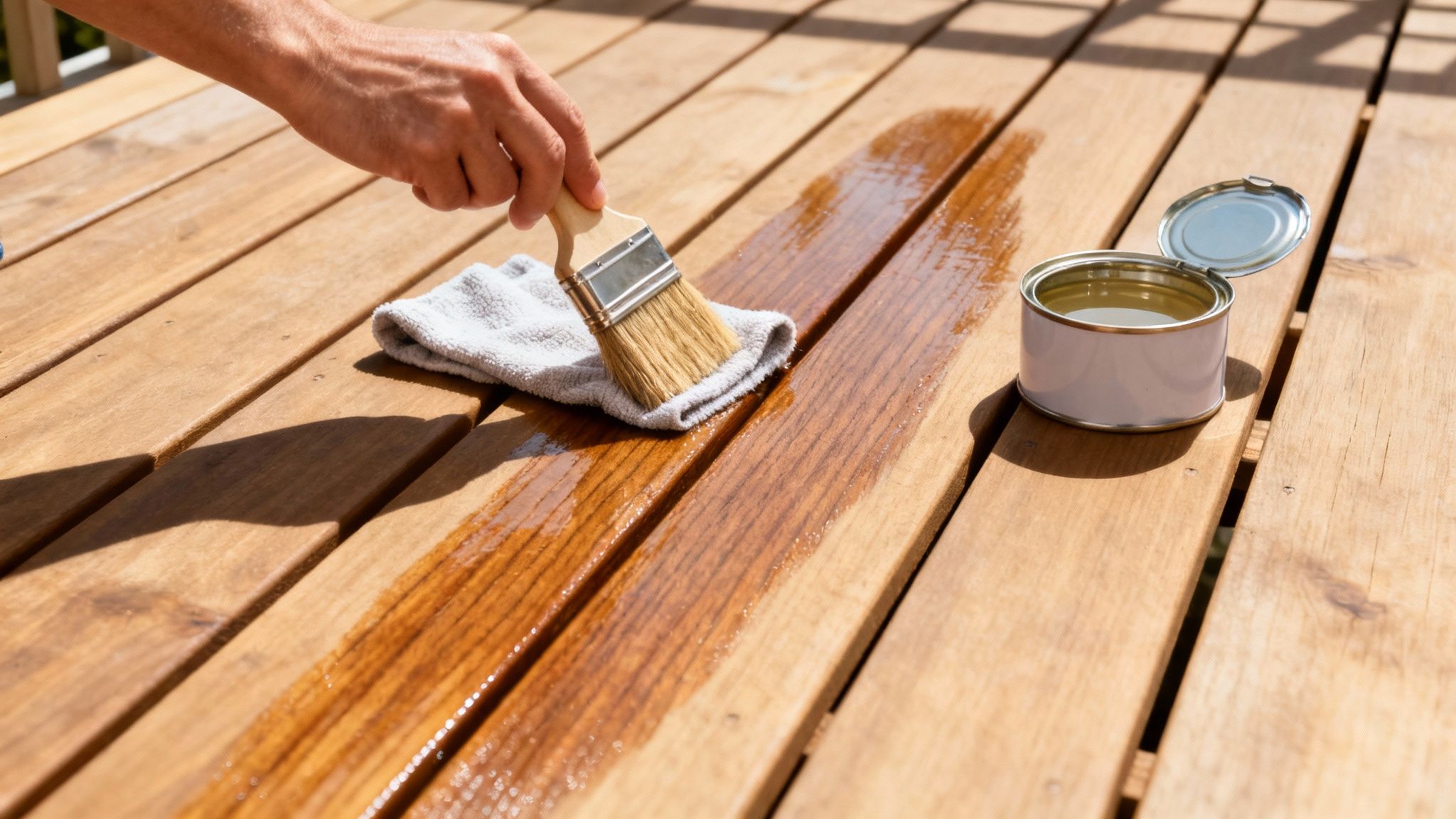 En person i gang med at påføre olie på en nyrenset træterrasse med en pensel.