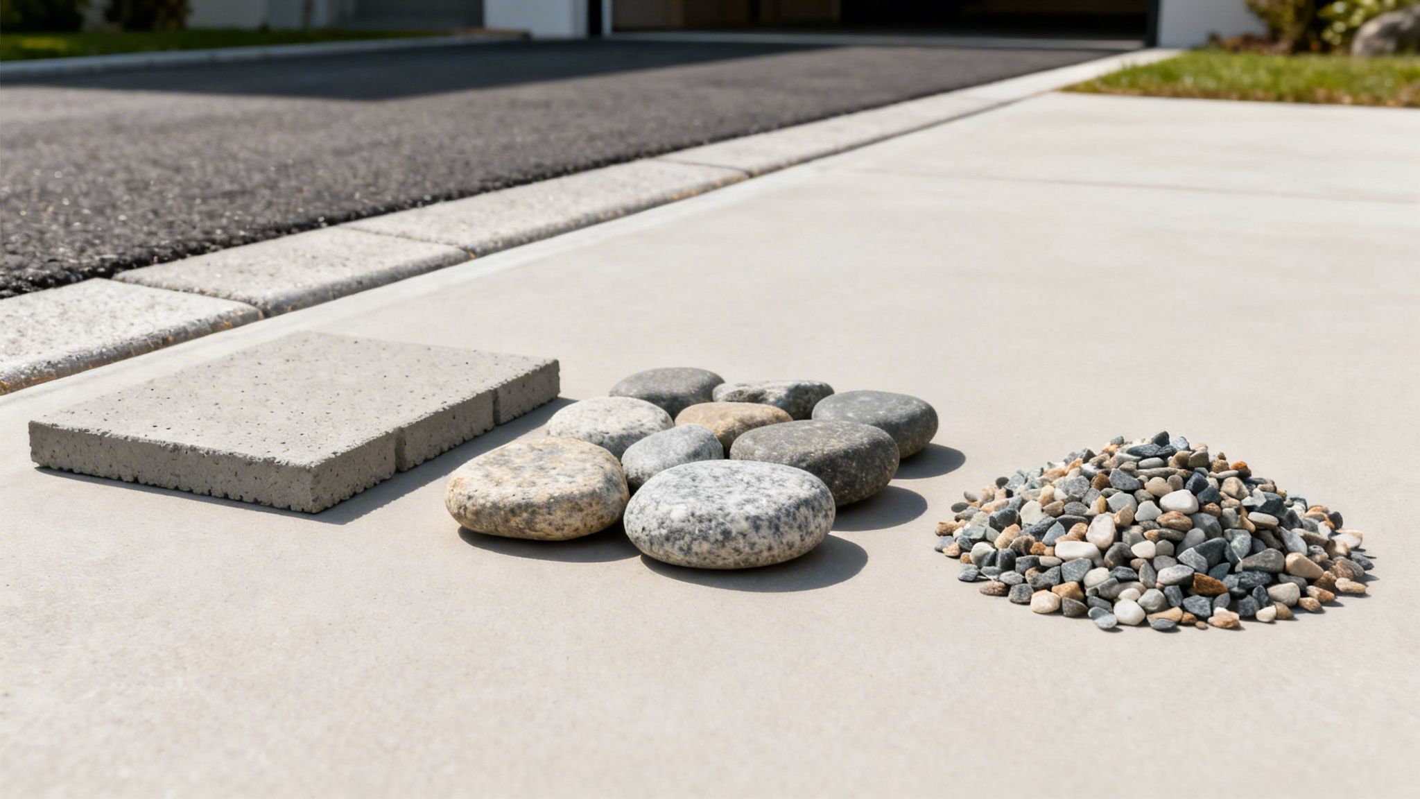Forskellige materialer til belægning og anlæg, herunder betonflise, store sten og grus, på en flad overflade.