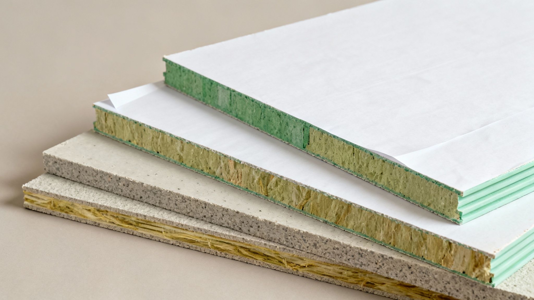 Stakke af forskellige byggeplader, herunder gipsplader og isoleringspaneler, der viser tværsnit.