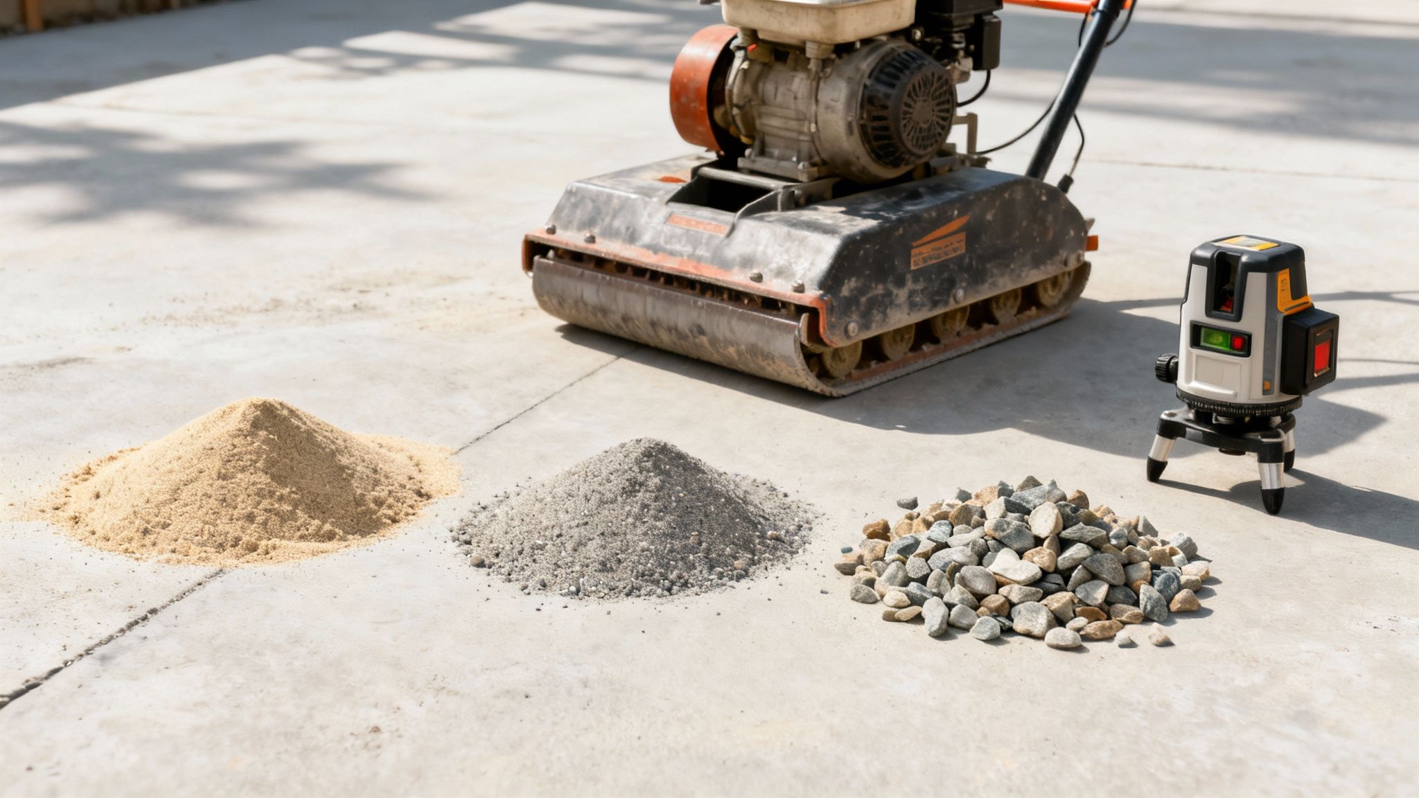 Byggematerialer, en pladevibrator og en lasernivellering klar til fundamentarbejde.