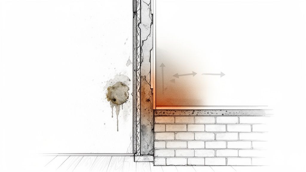 Detaljeret tegning af en vægkonstruktion med fugtskade og murværk, der illustrerer bygningsproblemer.