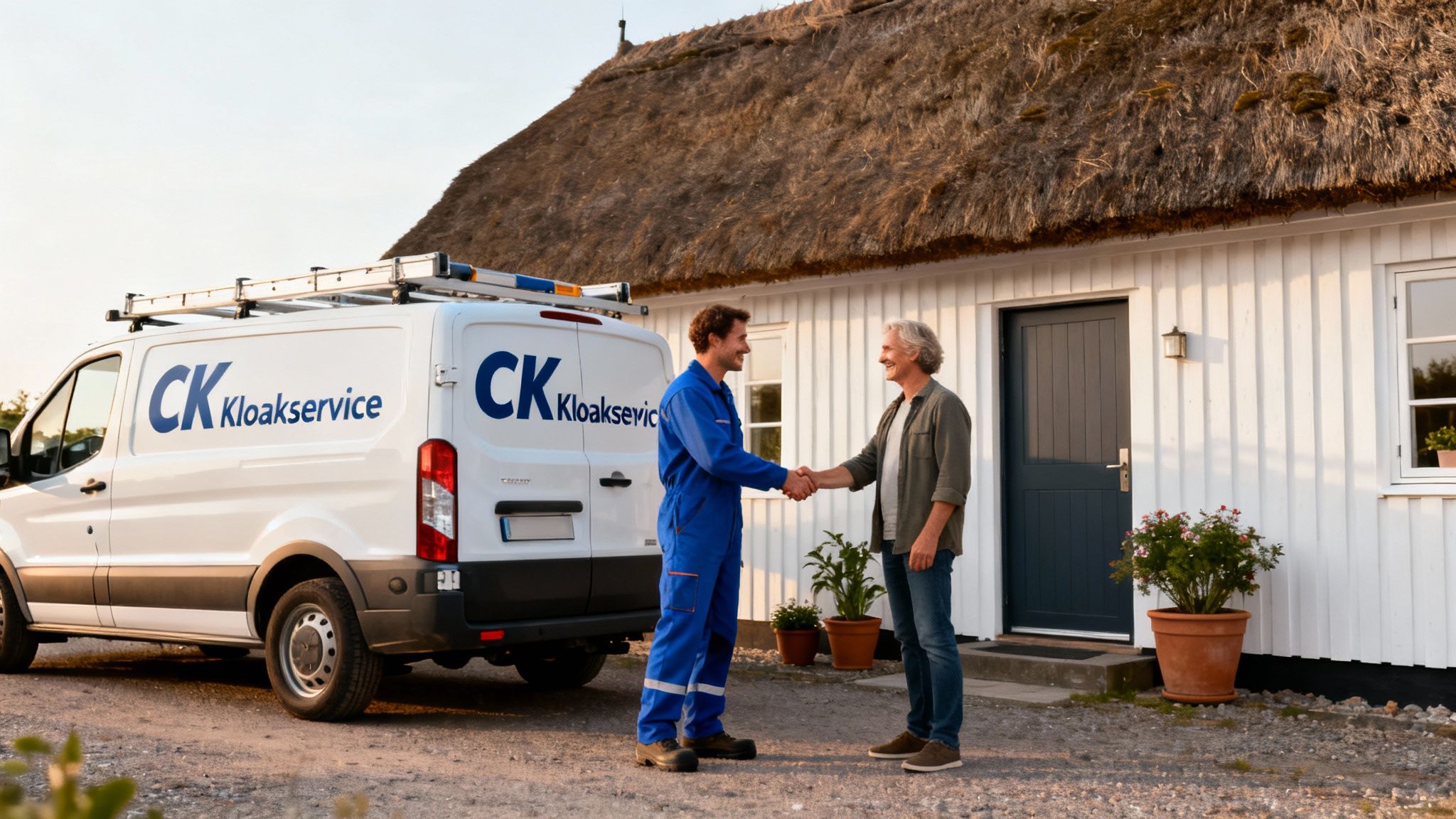 En servicetekniker fra CK Kloakservice ryster hånd med en kunde foran et hus og en servicevogn.