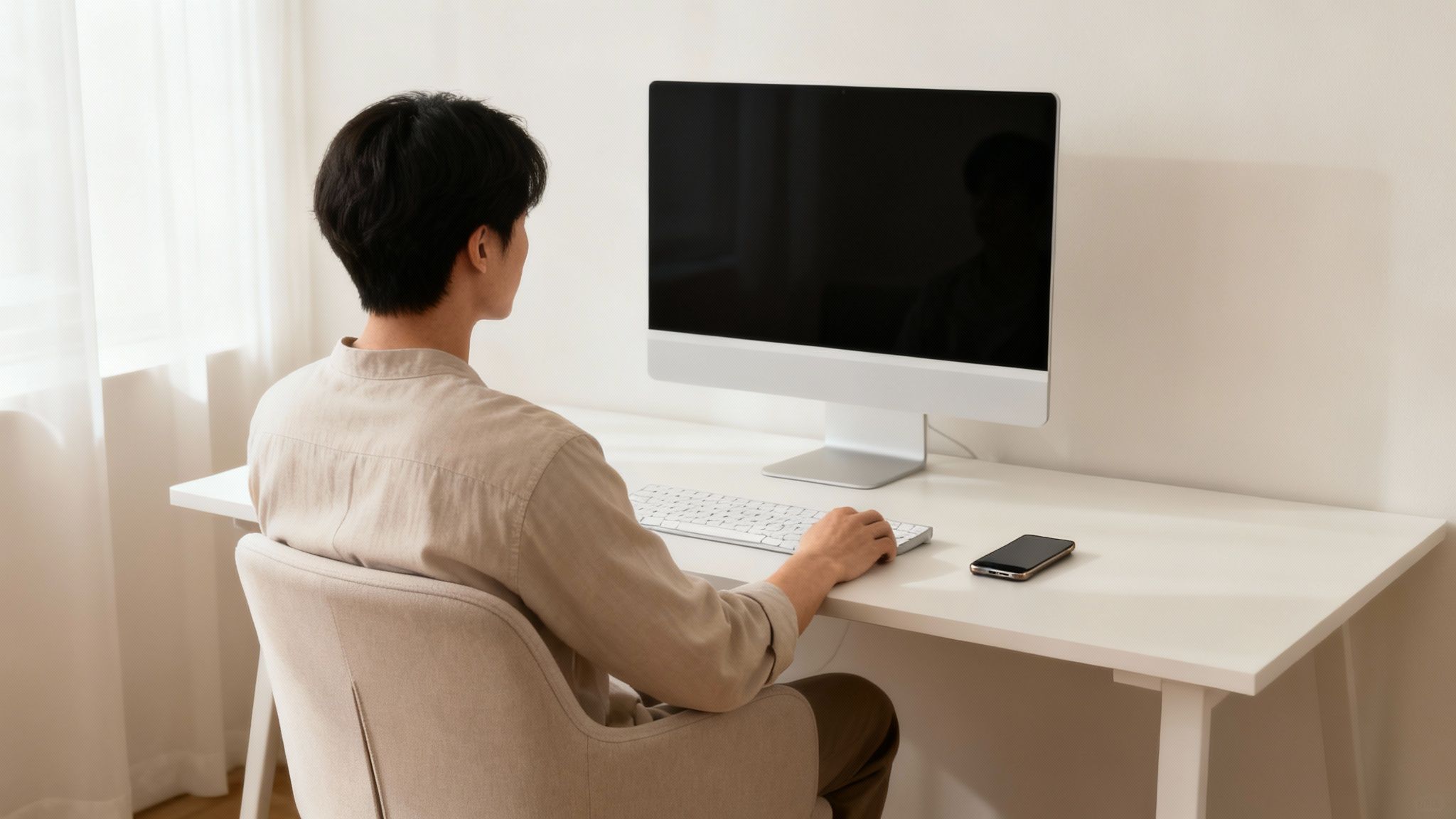 En mand sidder ved et skrivebord, arbejder på en computer og bruger mus.