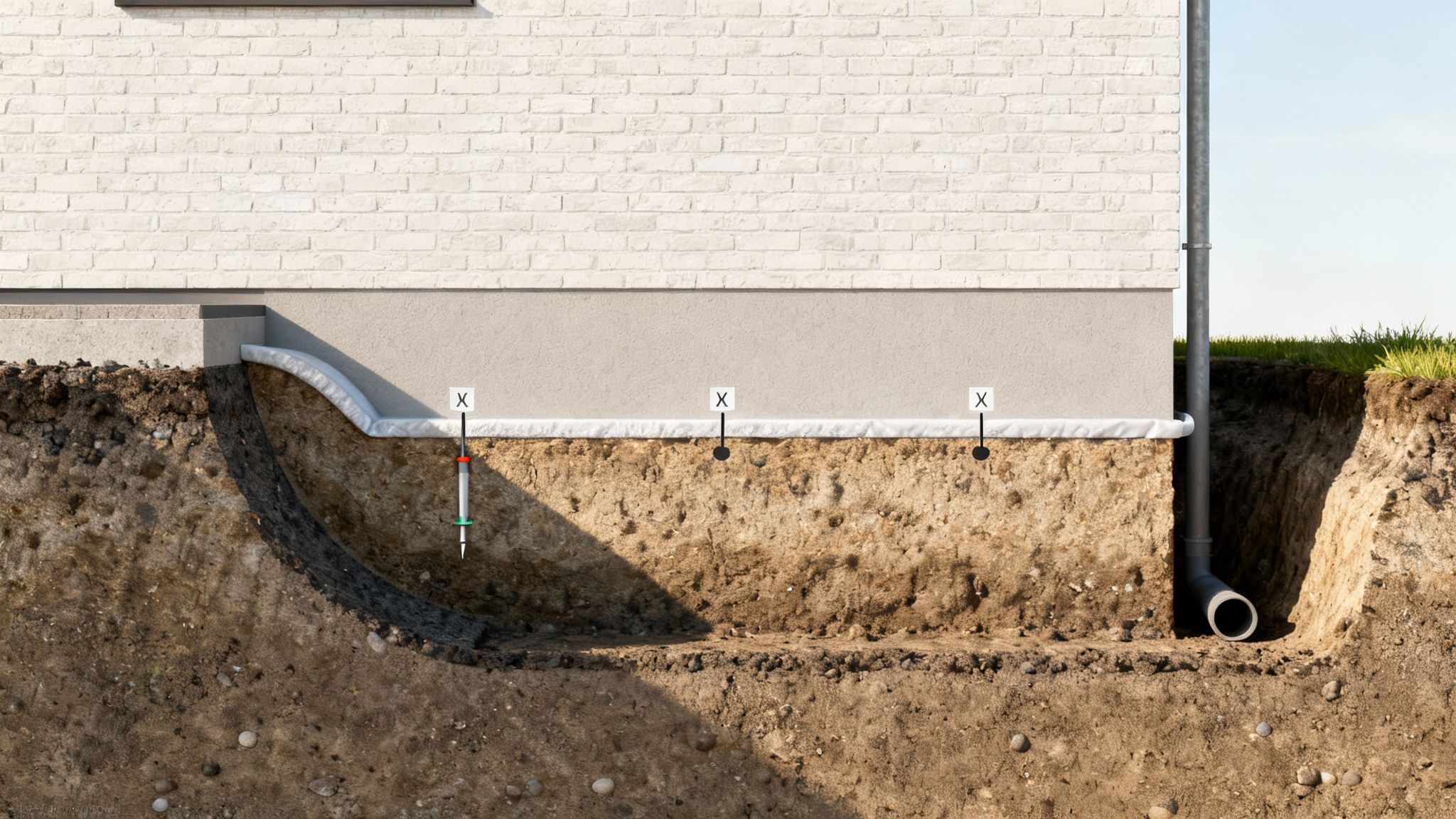 Tvørsnit af husfundament med beskyttelseslag og markører, der viser en alternativ fugtisolering og drænløsning.
