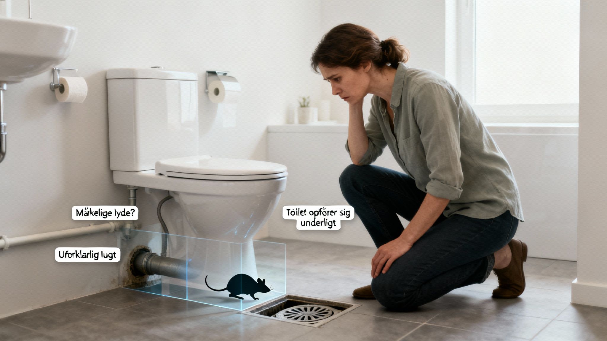 En bekymret kvinde kigger på et toilet, hvor en rotte ses i kloaksystemet under gulvet.