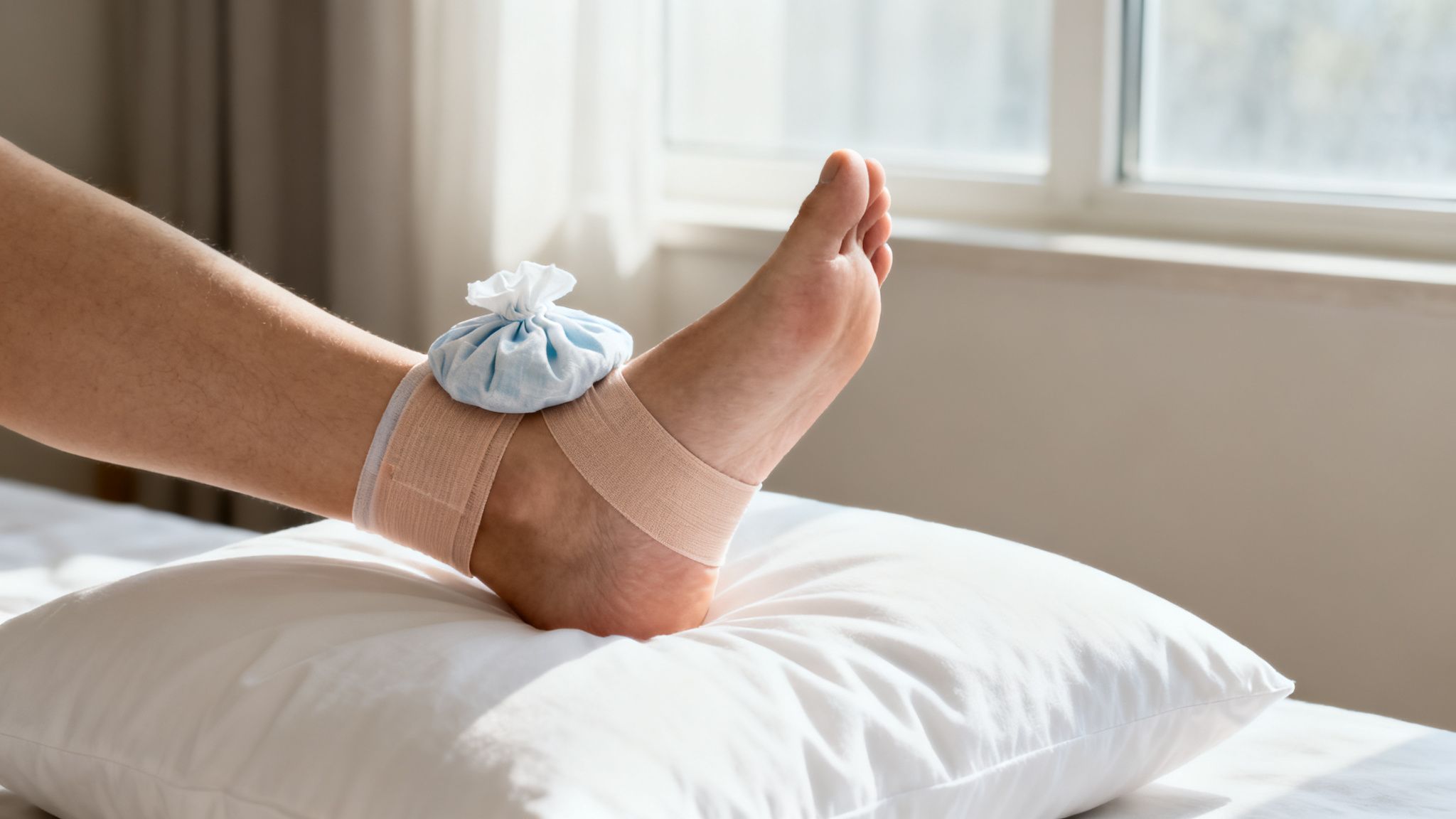 En person med foden hævet på en pude, med bandage og ispose på anklen.