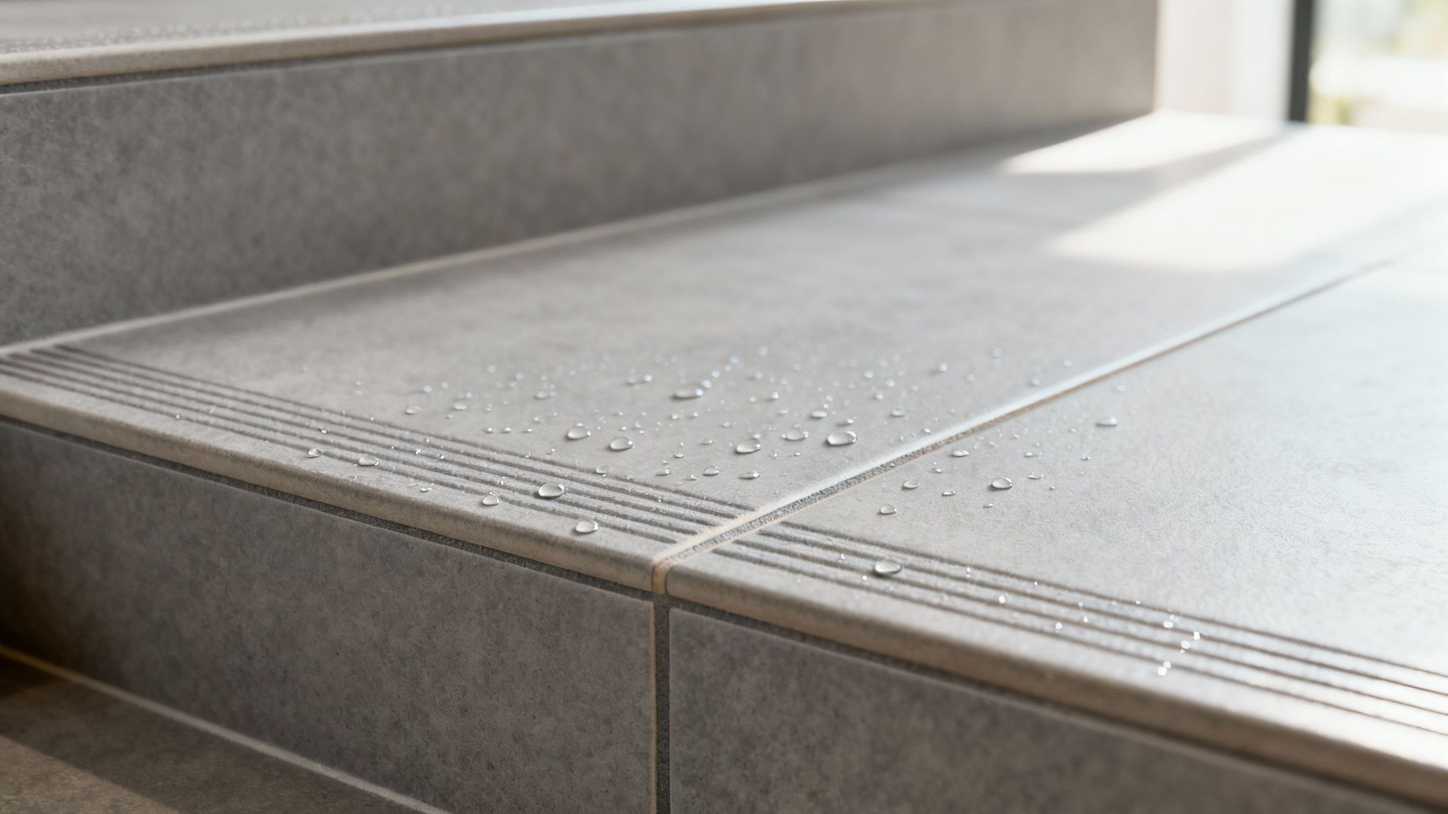 Nærbillede af grå udendørs trappefliser med vanddråber og sollys, der viser vandafvisende overflade.