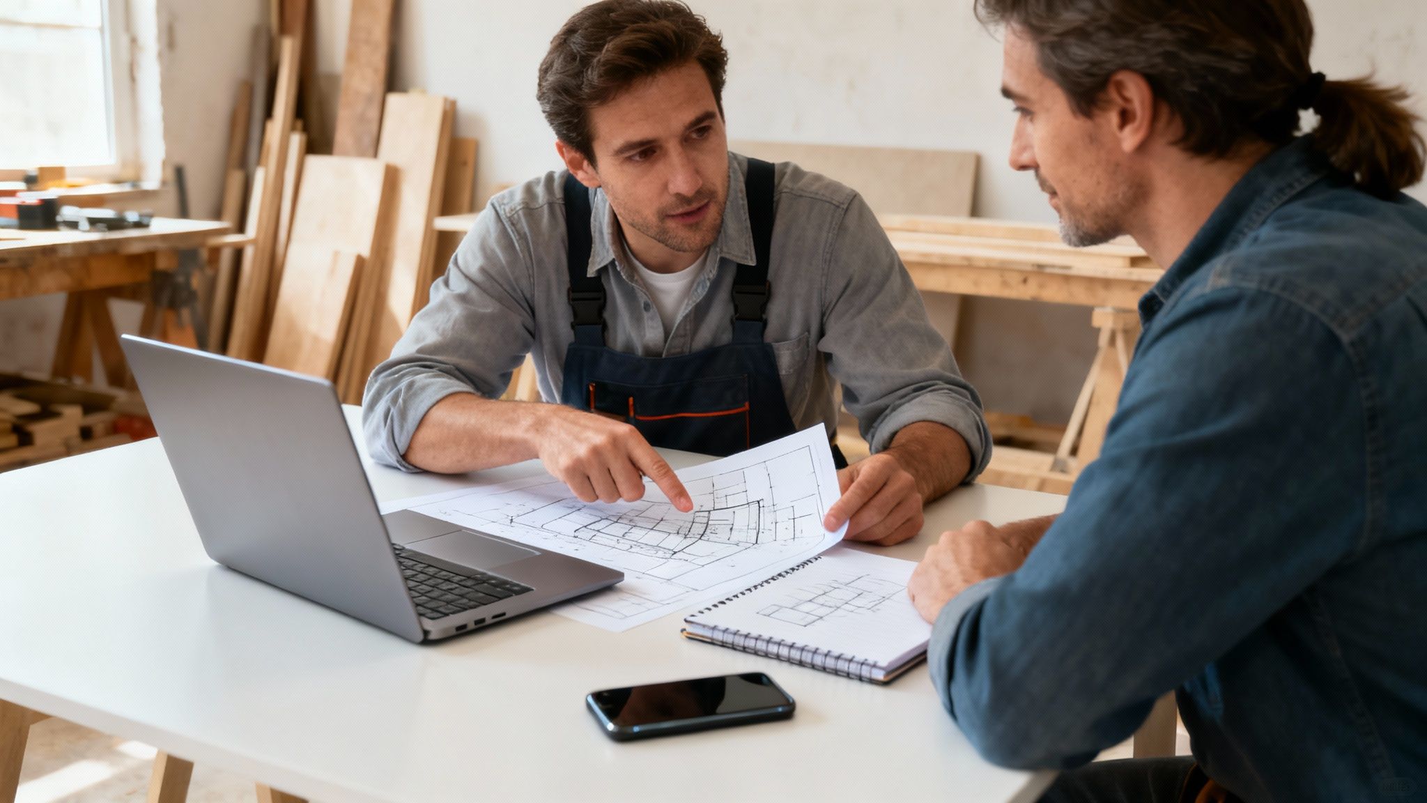 En person der tegner på en byggetegning ved et skrivebord