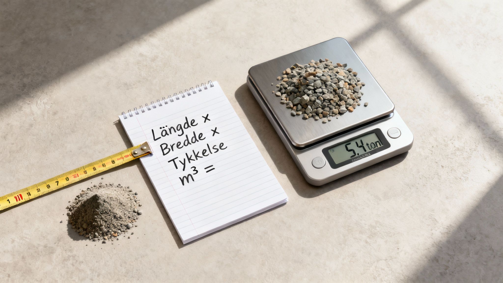 Målebånd og skitse til terrasseprojekt, der viser planlægning af grusberegning