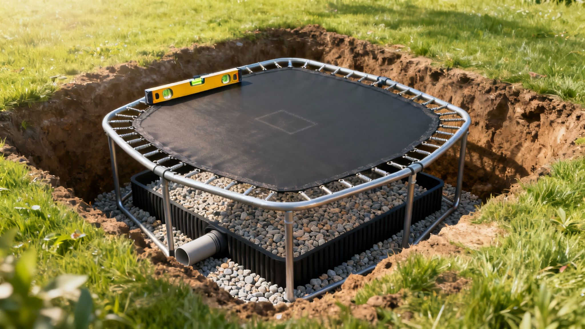 Nedgravet firkantet trampolin i haven, under installation, med et vaterpas på trampolindugen.