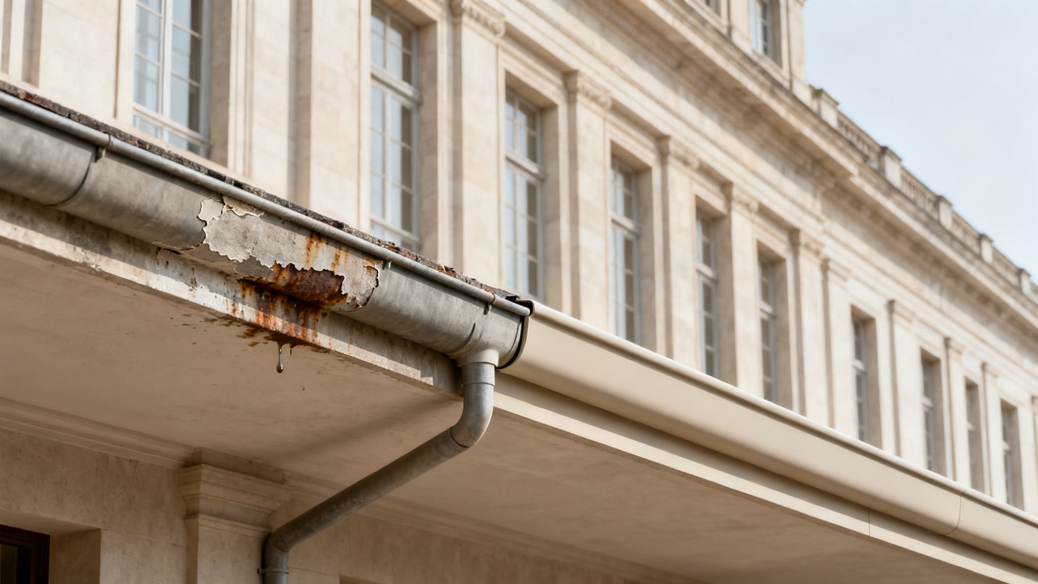 Billede af en gammel, rusten tagrende med afskallet maling og dryppende vand.