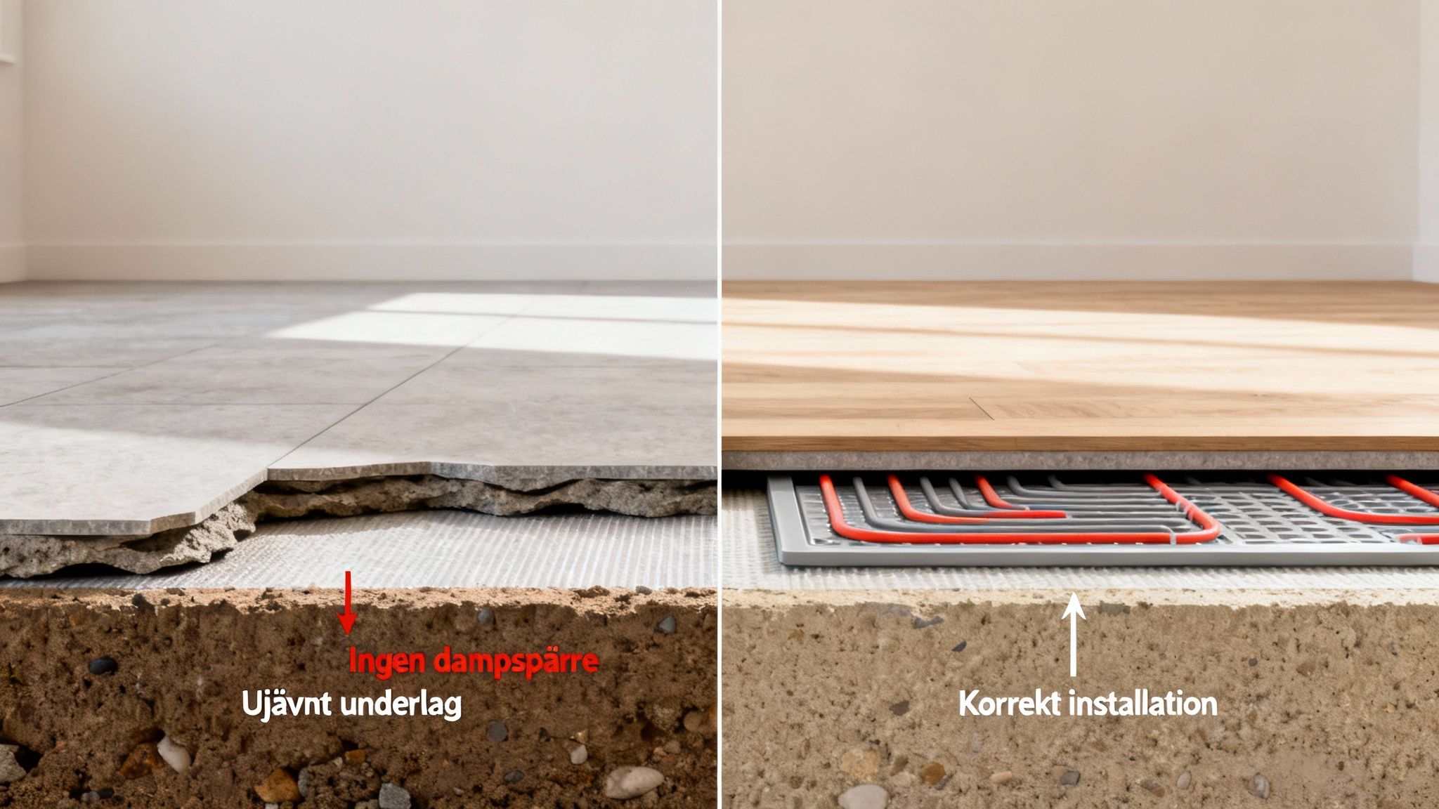 To tværsnit af gulvinstallationer. Venstre viser forkert installation med ujævnt underlag og ingen dampspærre. Højre viser korrekt installation med gulvvarme under trægulv.