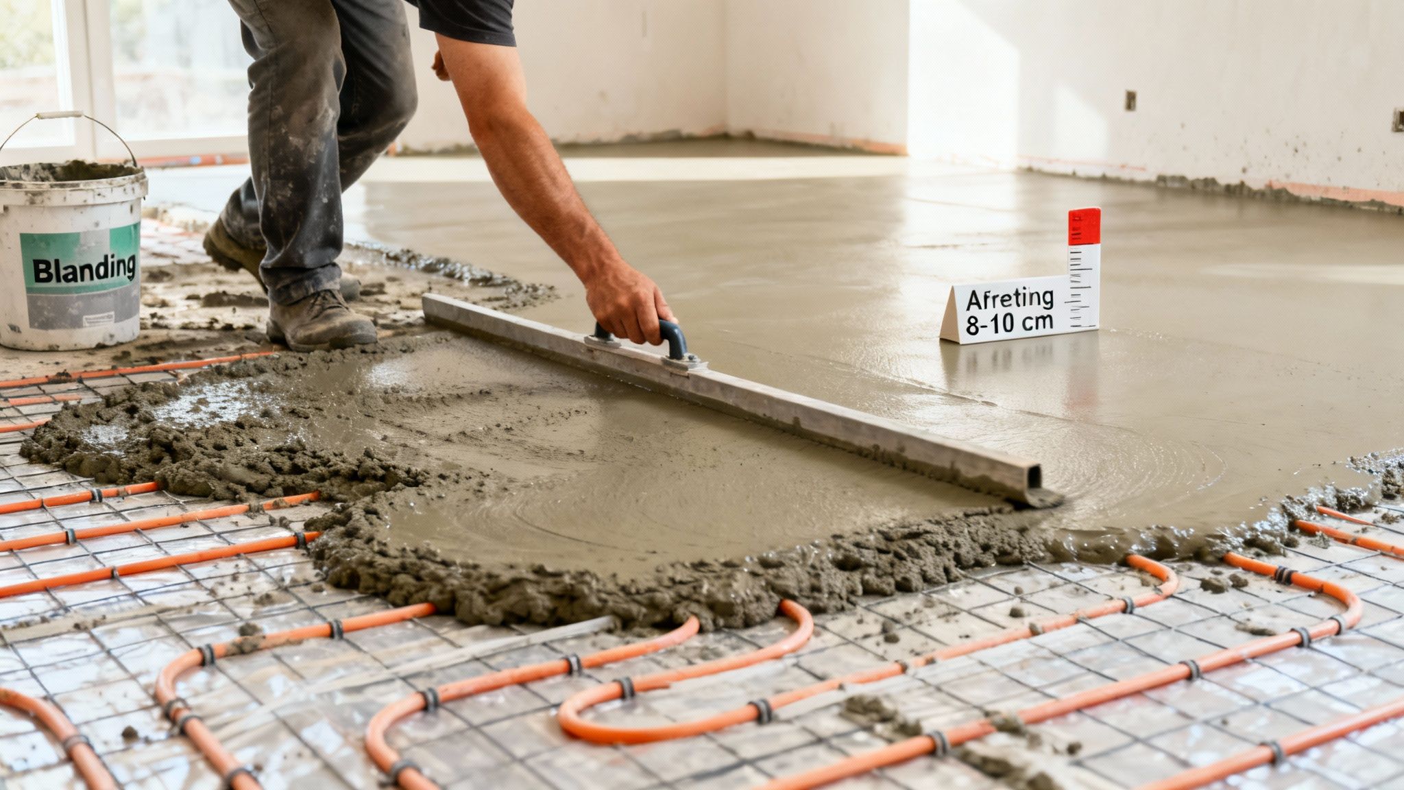 En arbejder støber beton over gulvvarmerør og afretter overfladen for at opnå den rette tykkelse.