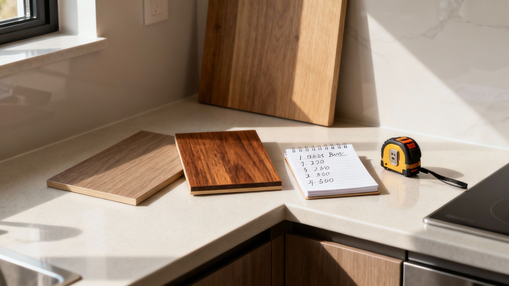 Et moderne og lyst køkken med hvide skabe og træbordplade.