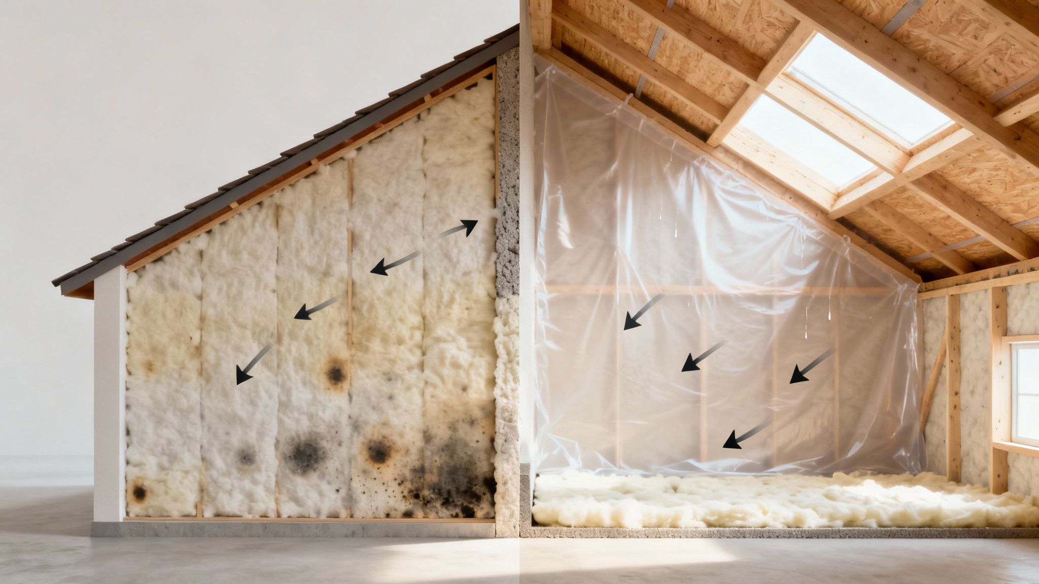 Dobbeltbillede viser fugtskader i isolering og løsningen med en dampspærre i et hus.