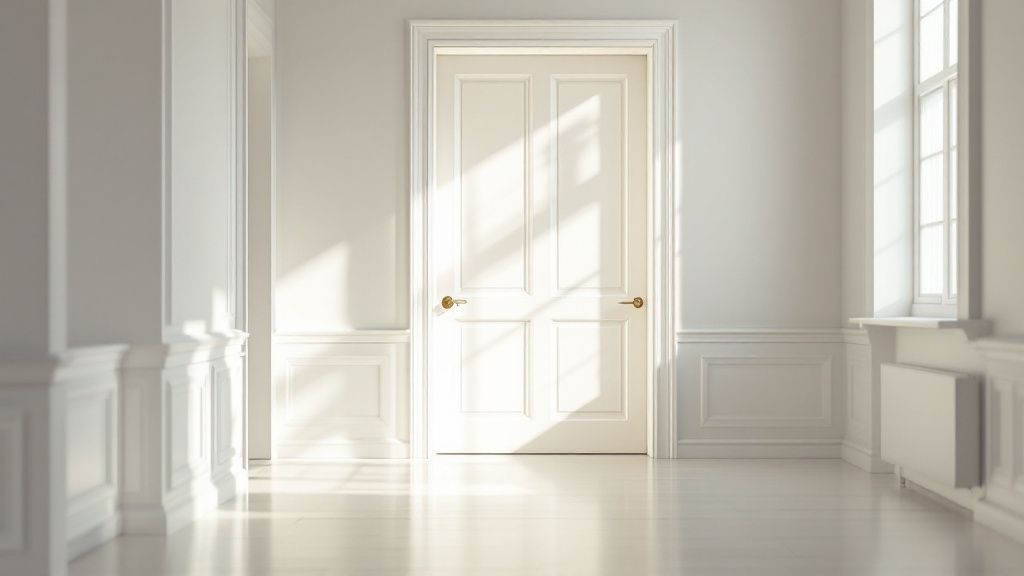 En hånd med en malerrulle maler en hvid dør