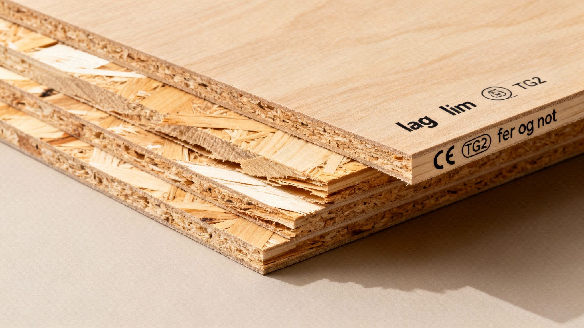 En stak træbaserede konstruktionsplader med fer og not, tydelig produkttekst og mærkning på overfladen.