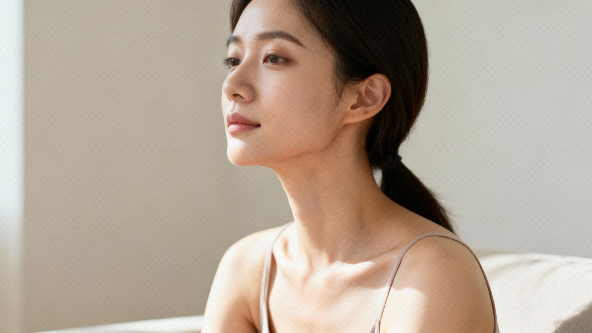 En ung kvinde sidder og kigger til venstre med naturligt lys på ansigtet og skulderen.