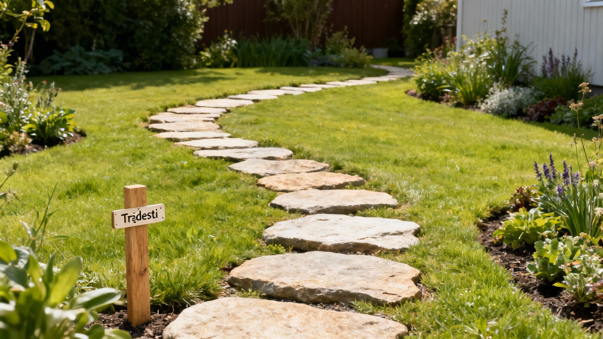 En snoet havesti af trædesten gennem grønt græs i en solrig have med planter.