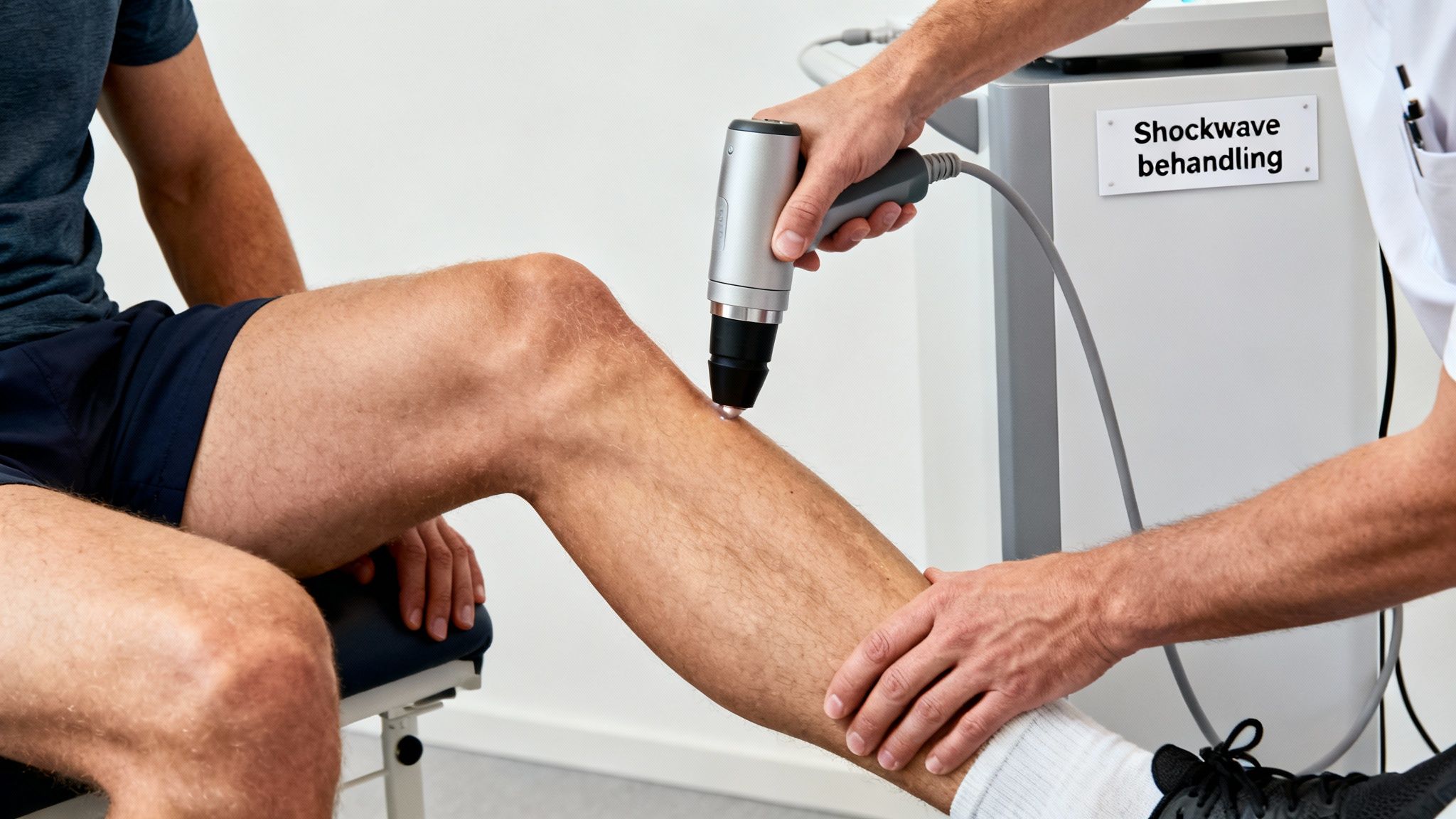 En mand får shockwavebehandling på sit skinneben af en fysioterapeut for at lindre smerter.