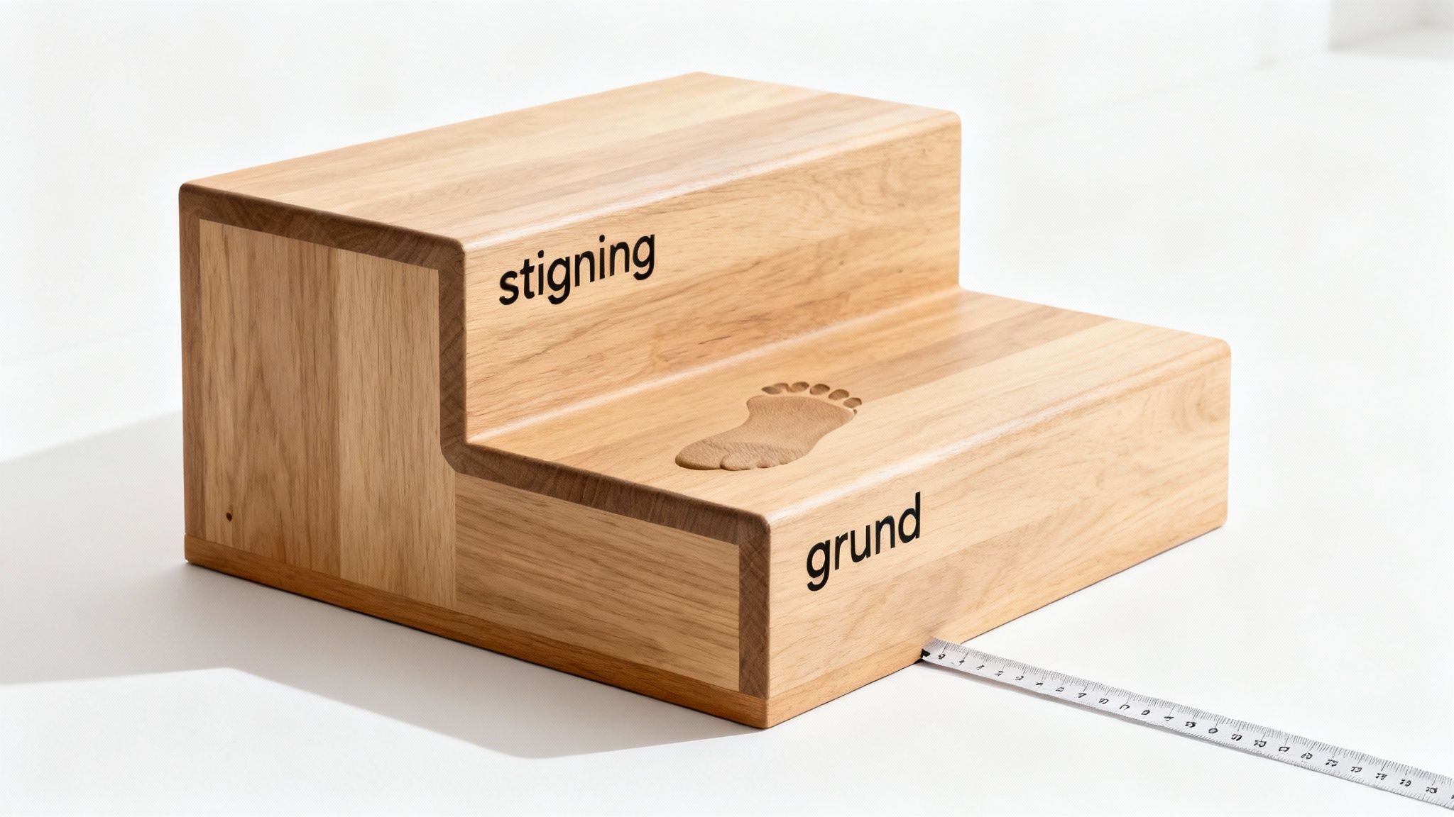 Træ trinbræt med to niveauer og målbånd, viser stigningsgrad og grundflade til trappeberegning