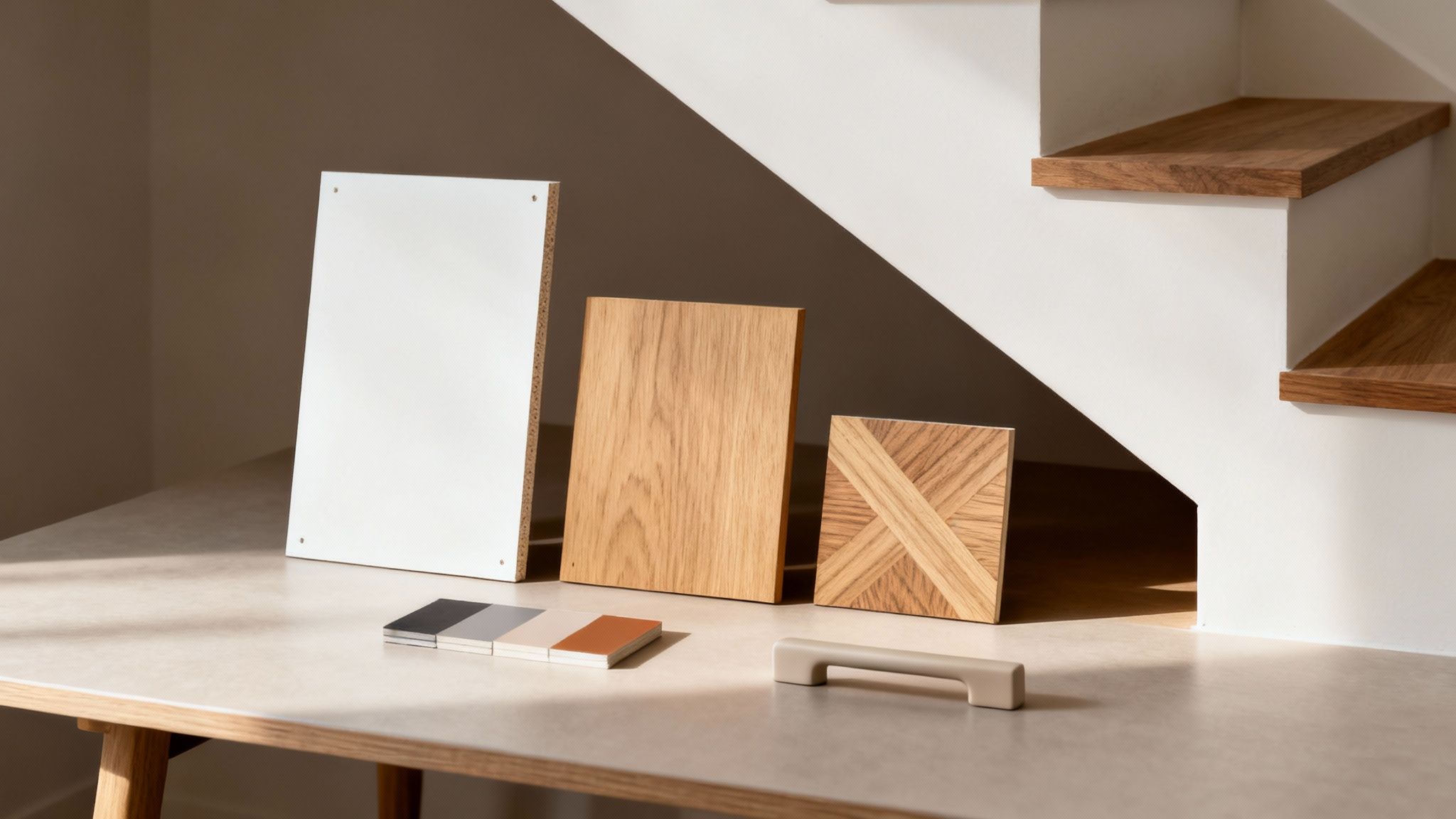 Materialeprøver til skab under trappe med træplader, farveprøver og greb på bord