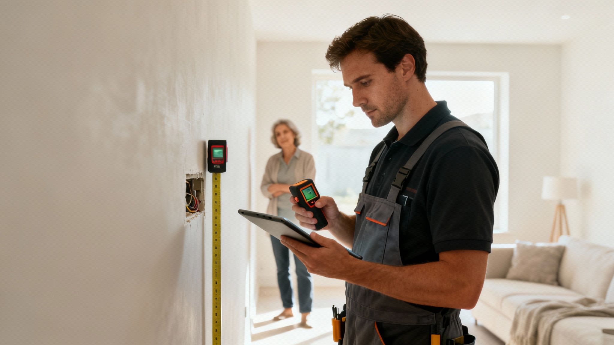 Martin fra Solo Service ApS der gennemgår en byggeplan med en kunde på stedet