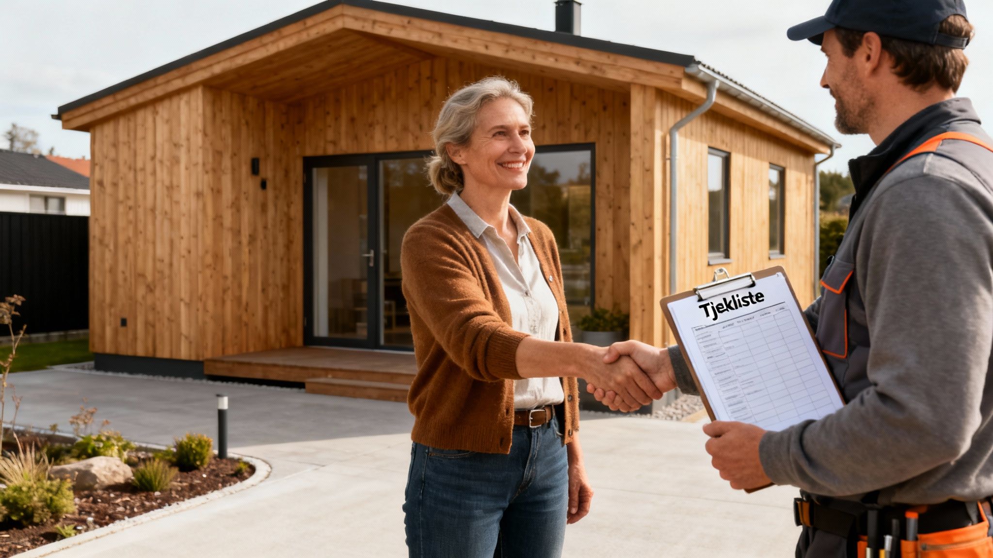 En kvinde og en håndværker giver hånd foran et moderne træsommerhus med en tjekliste.
