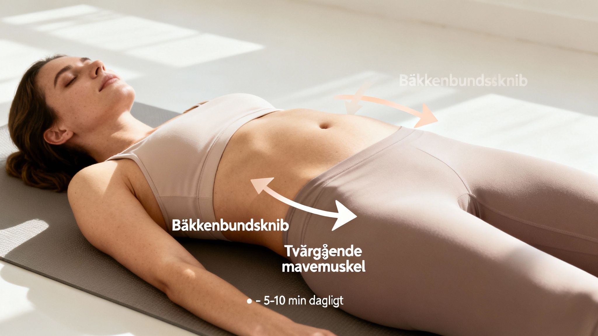 En kvinde ligger på ryggen og laver bækkenbundsøvelser for at styrke kernemuskulaturen efter fødsel.