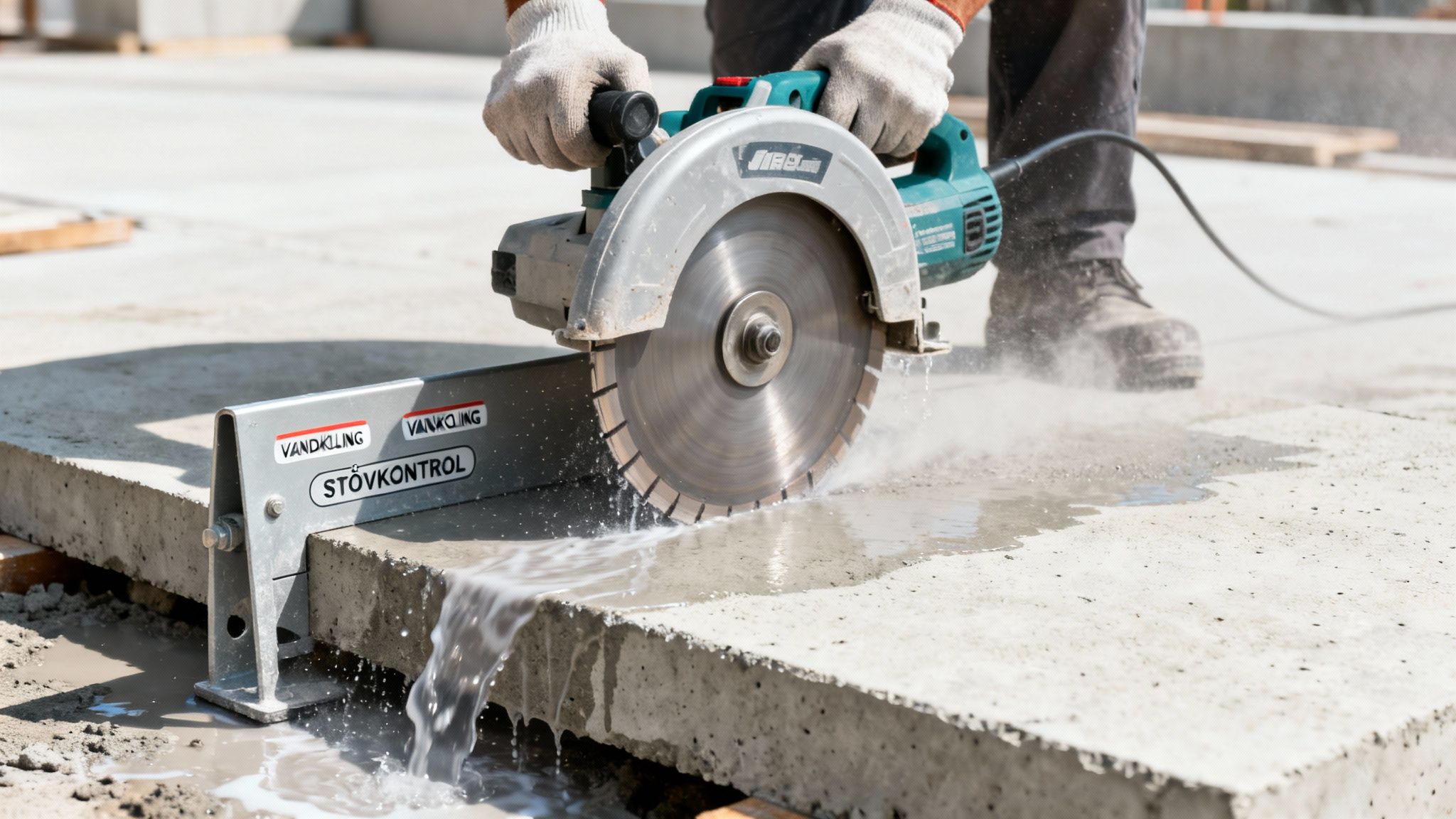 En person bruger en vinkelsliber med vand til at skære i en betonplade ved hjælp af et støvkontrolsystem.