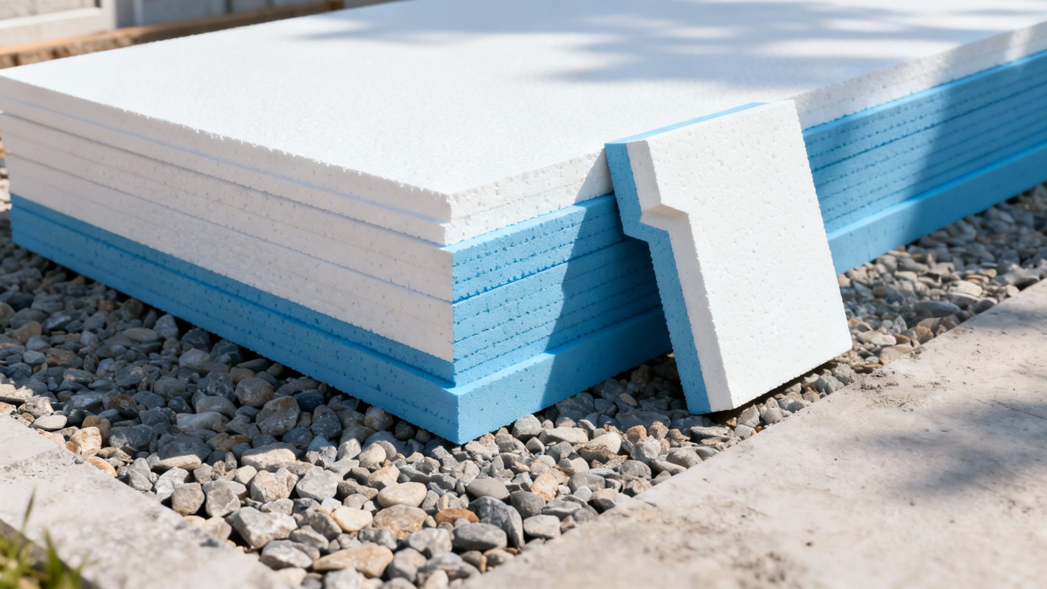 Stablede hvide og blå isoleringsplader på grus, klar til brug i byggeriet.
