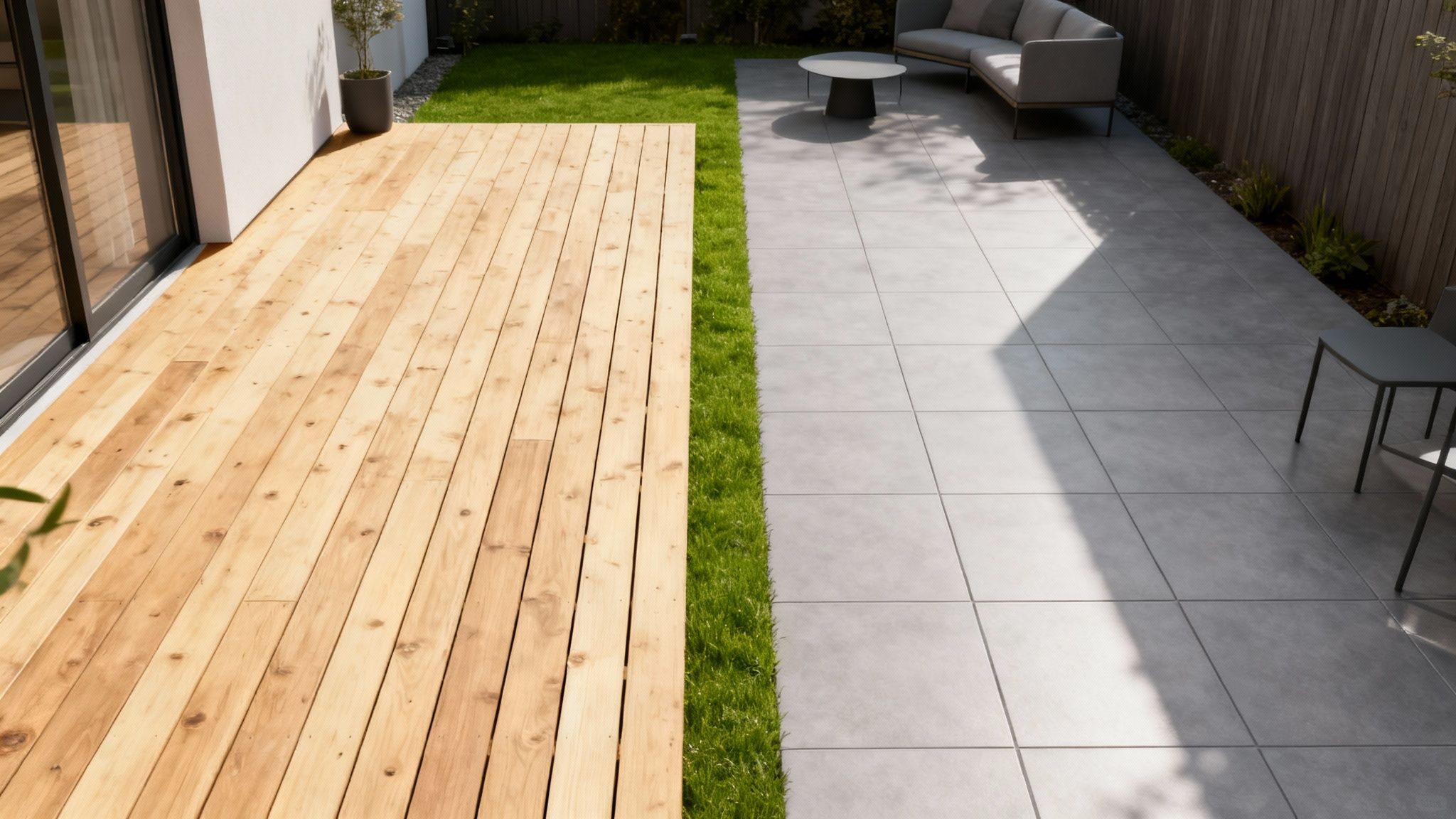 Moderne træterrasse med havemøbler i et hyggeligt udendørsområde